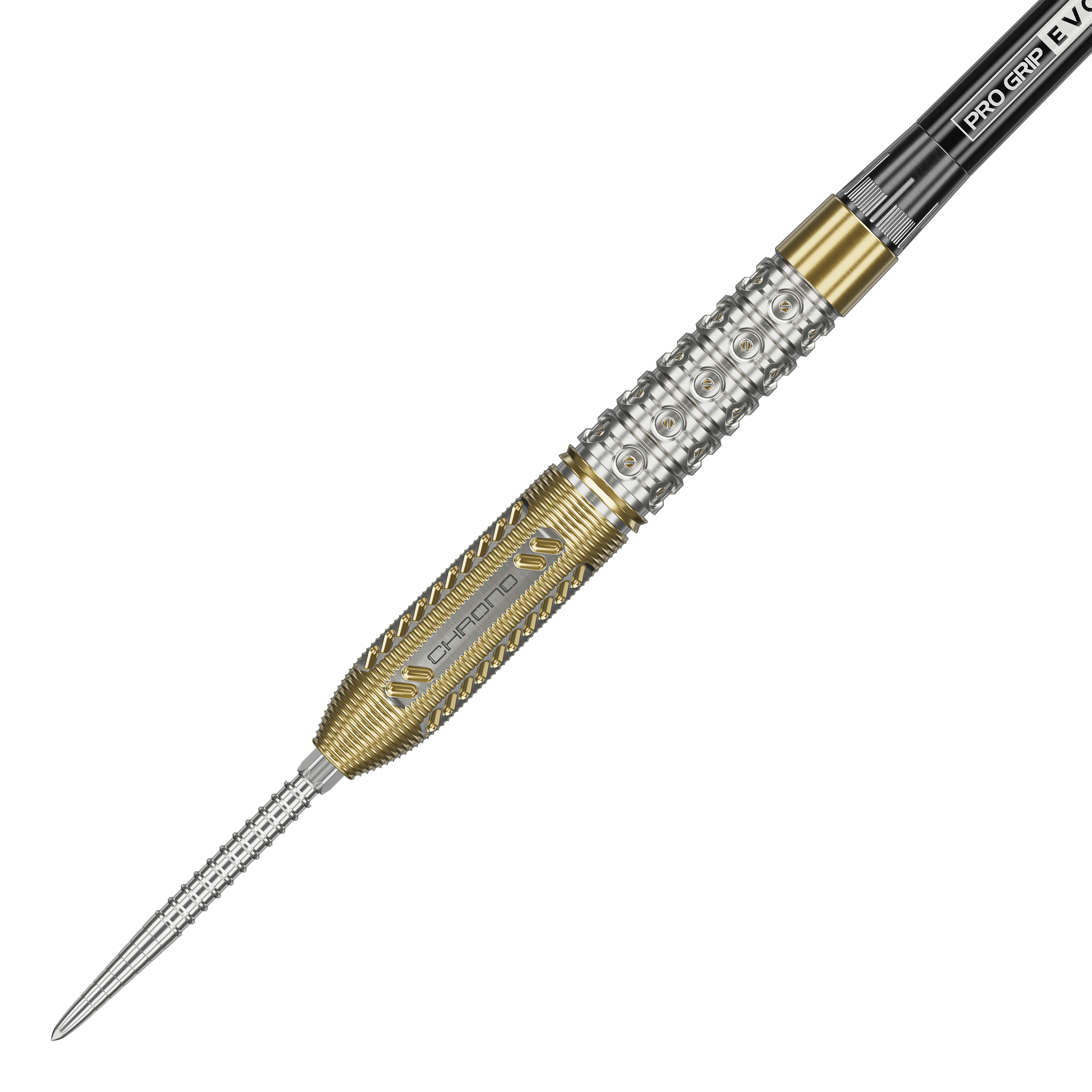 Target Raymond Van Barneveld Chrono 95 Dardos de acero con punta suiza Das Bild zeigt einen Steeldart aus der Produktreihe "Target Raymond Van Barneveld Chrono 95 Swiss Point". Der Dartpfeil hat ein silbernes und goldenes Griffstück mit detaillierten Gravuren und Mustern.