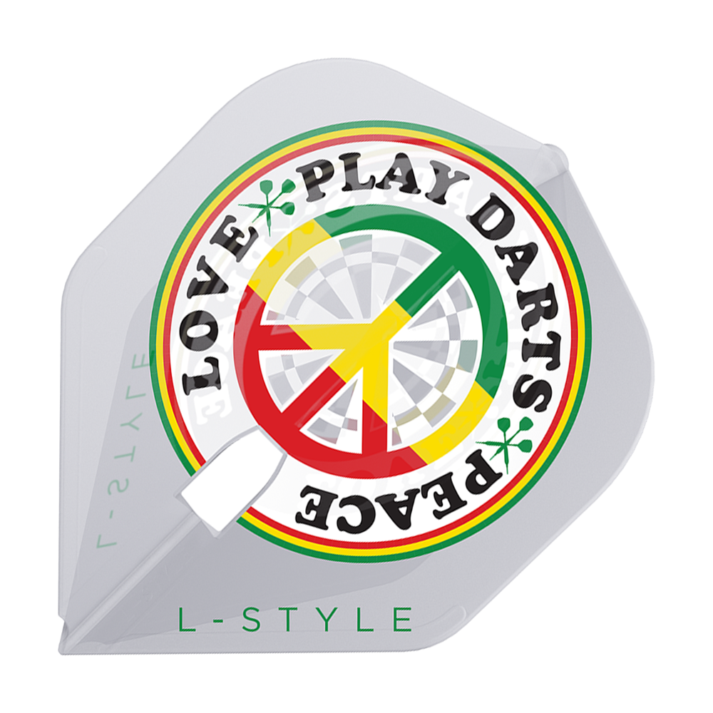 Vuelos L-Style Deta Hedman V4 Blanco Transparente L1PRO Das Bild zeigt einen weißen Dartflight mit einem farbenfrohen Kreisdesign und der Aufschrift "LOVE PEACE PLAY DARTS". Unten steht in grüner Schrift "L-STYLE".
