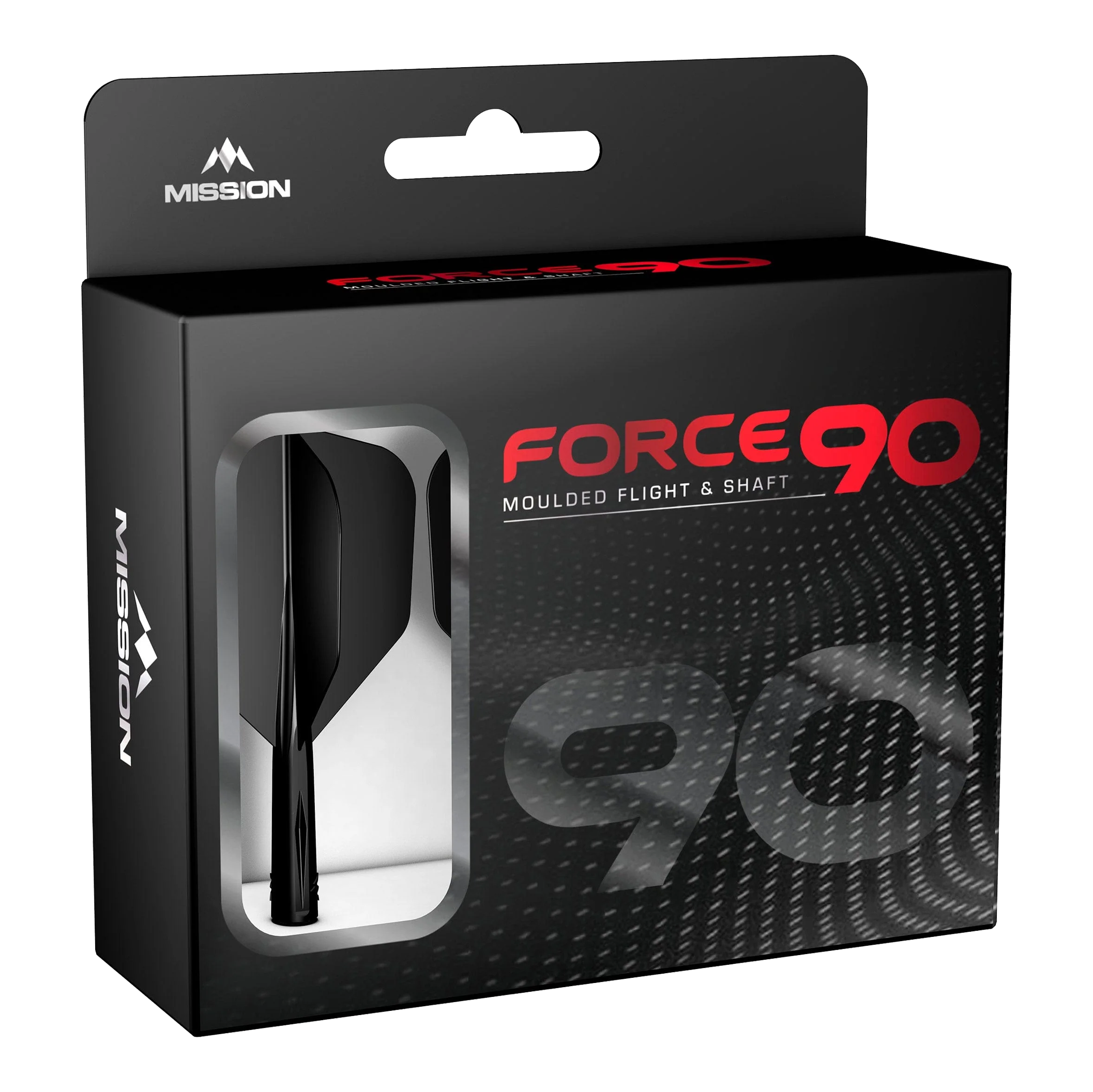 Sistema de eje de vuelo Mission Force 90 No6 - Negro Die Abbildung zeigt die Verpackung des Produkts "Mission Force 90 No6 Flight-Shaft-System - Schwarz". In der Box befindet sich ein schwarzes Flight- und Shaft-System für Darts.