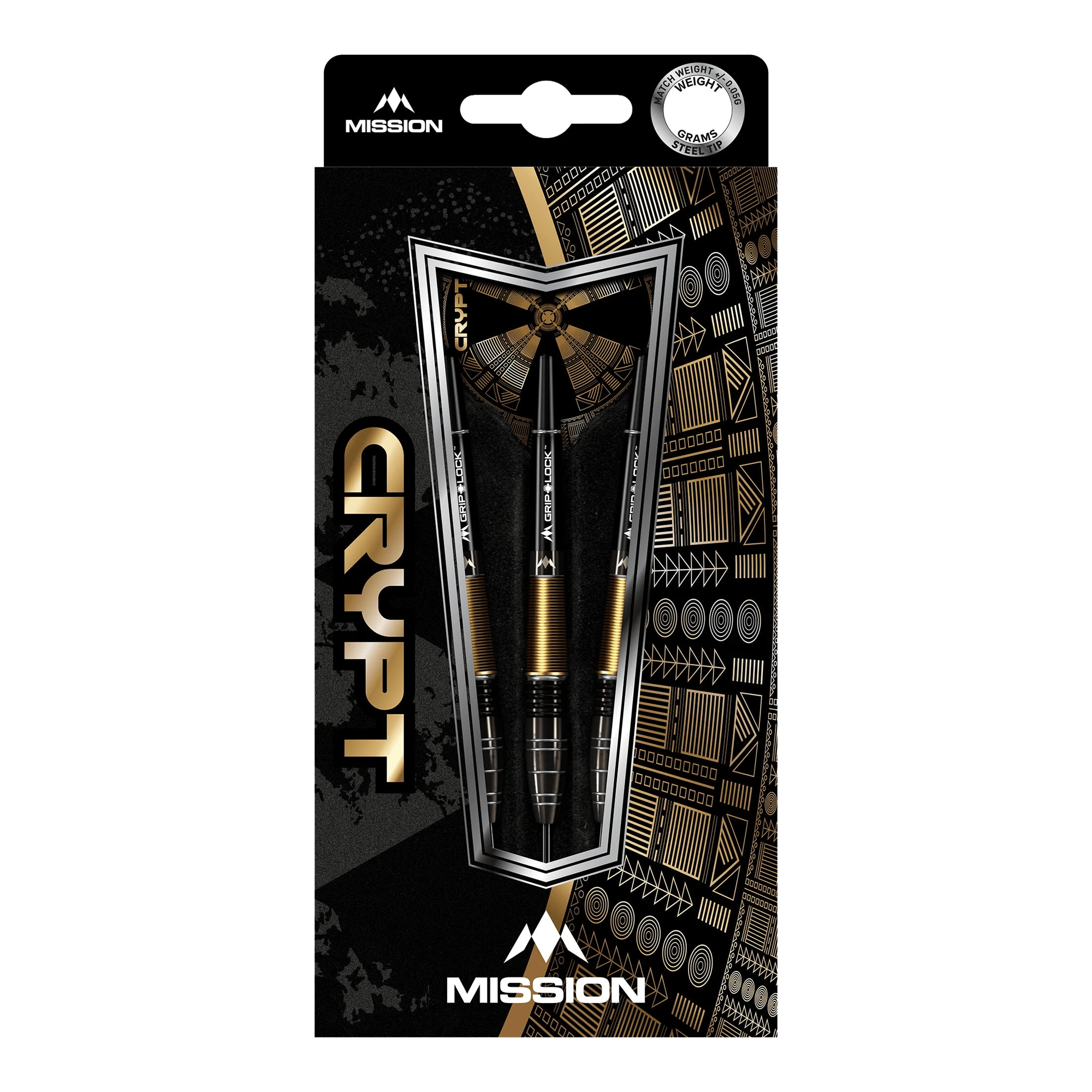Dardos de acero Mission Crypt Modelo 1 - 22 g Die Abbildung zeigt die Verpackung der "Mission Crypt Model 1 Steeldarts - 22g". Drei schwarze und goldene Steeldarts sind in einer stilvollen Box mit geometrischen Mustern angeordnet.