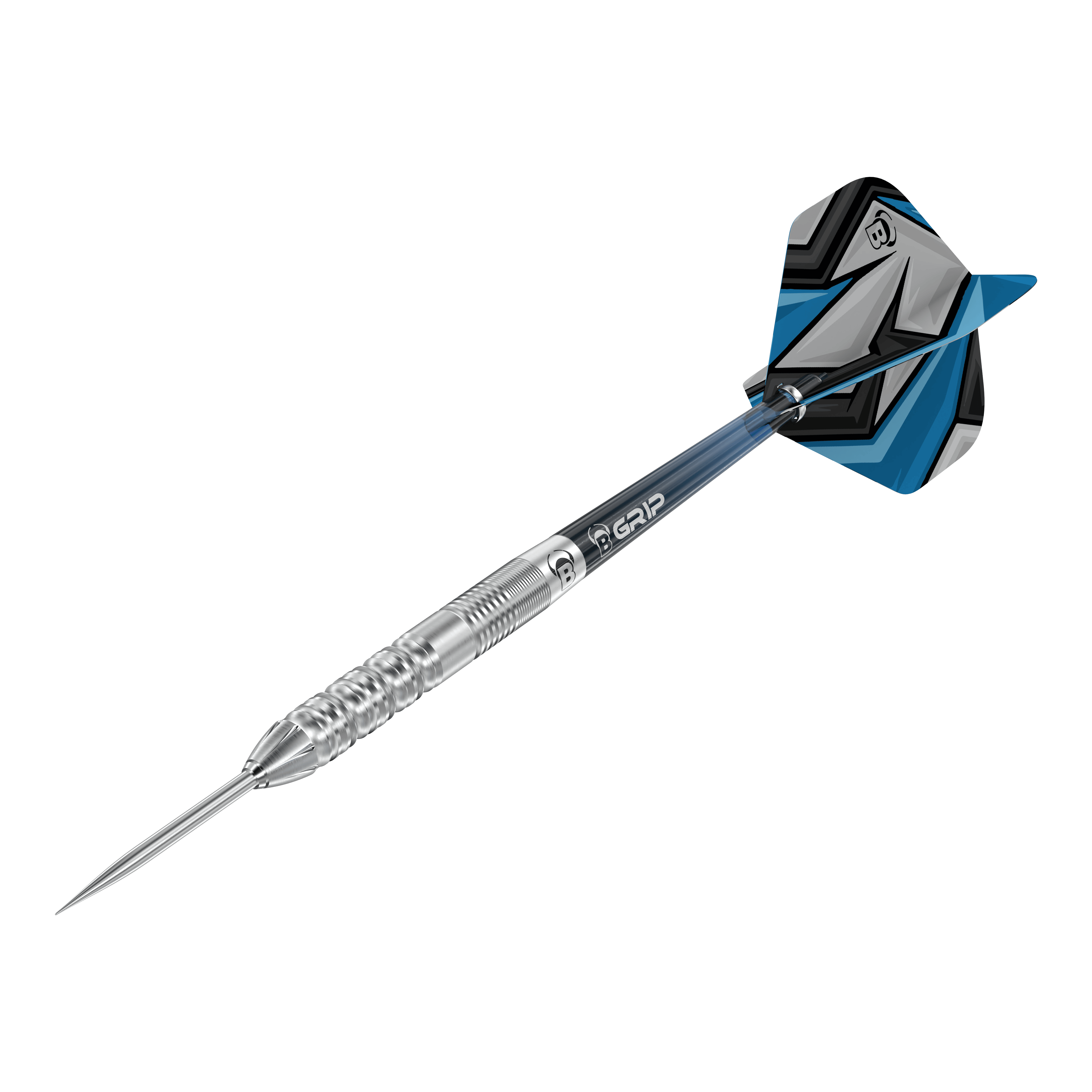 Dardos de acero Bulls Stone S2 Das Bild zeigt einen Bulls Stone S2 Steeldartpfeil mit silberner Spitze und Riffelung für besseren Halt. Das Flight-Design ist in Blau, Schwarz und Grau gehalten.