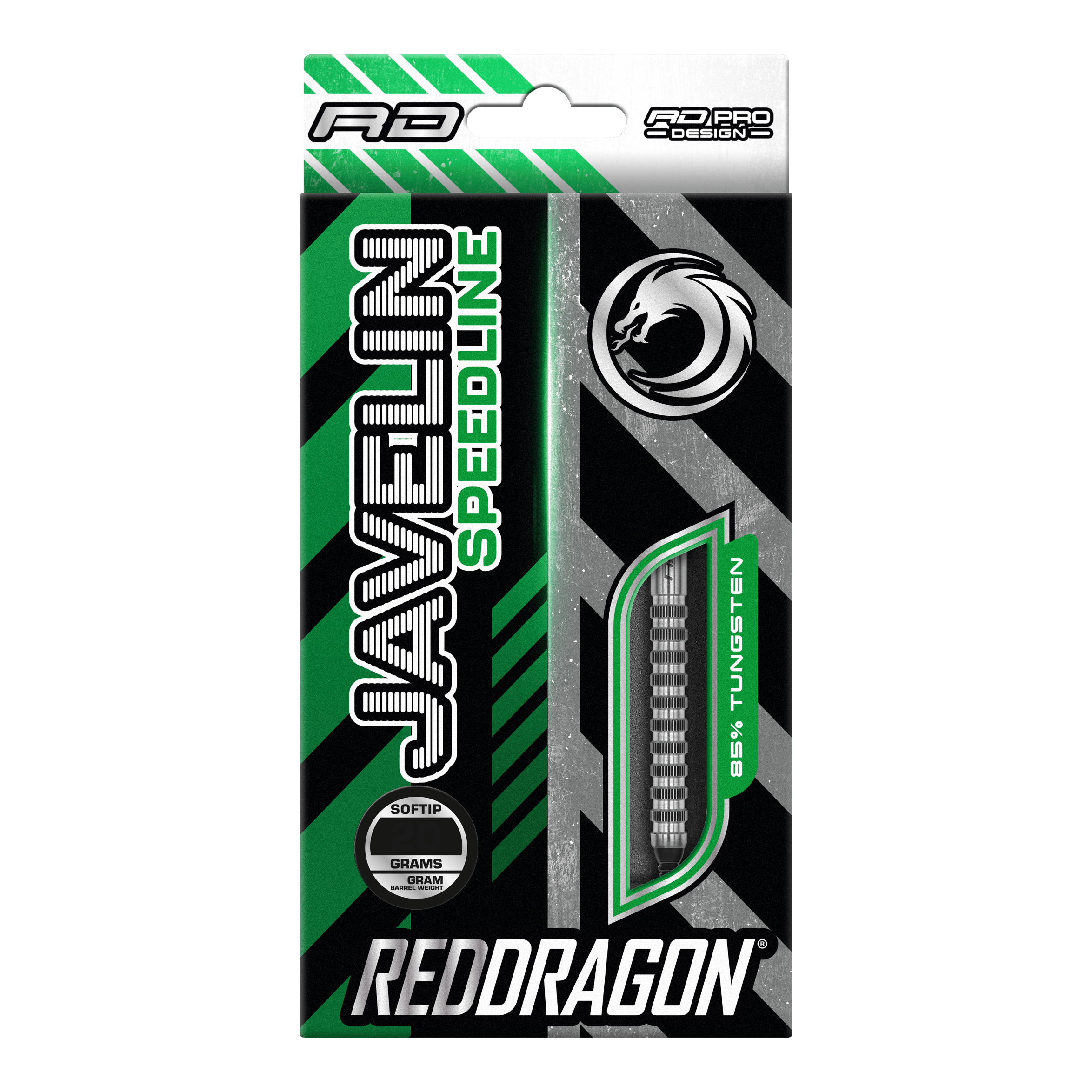 Dardos blandos Red Dragon Javelin Speedline - 20 g Die Verpackung zeigt die "Red Dragon Javelin Speedline Softdarts" mit 20 Gramm Gewicht. Das Design ist grün, schwarz und silbern und hebt 85% Tungsten hervor.