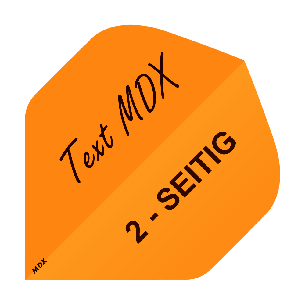 MD-404_2-Seitig_Bedruckte_Flights_Wunschtext_MDX_Orange_Standard_1 Das Bild zeigt einen orangefarbenen Dart-Flight mit dem Aufdruck „Text MDX“ und „2-SEITIG“. Es handelt sich um ein Beispiel für individuell bedruckbare Flights des Produkts „10 Satz Bedruckte Flights 2-Seitig - Wunschtext - MDX Standard“.