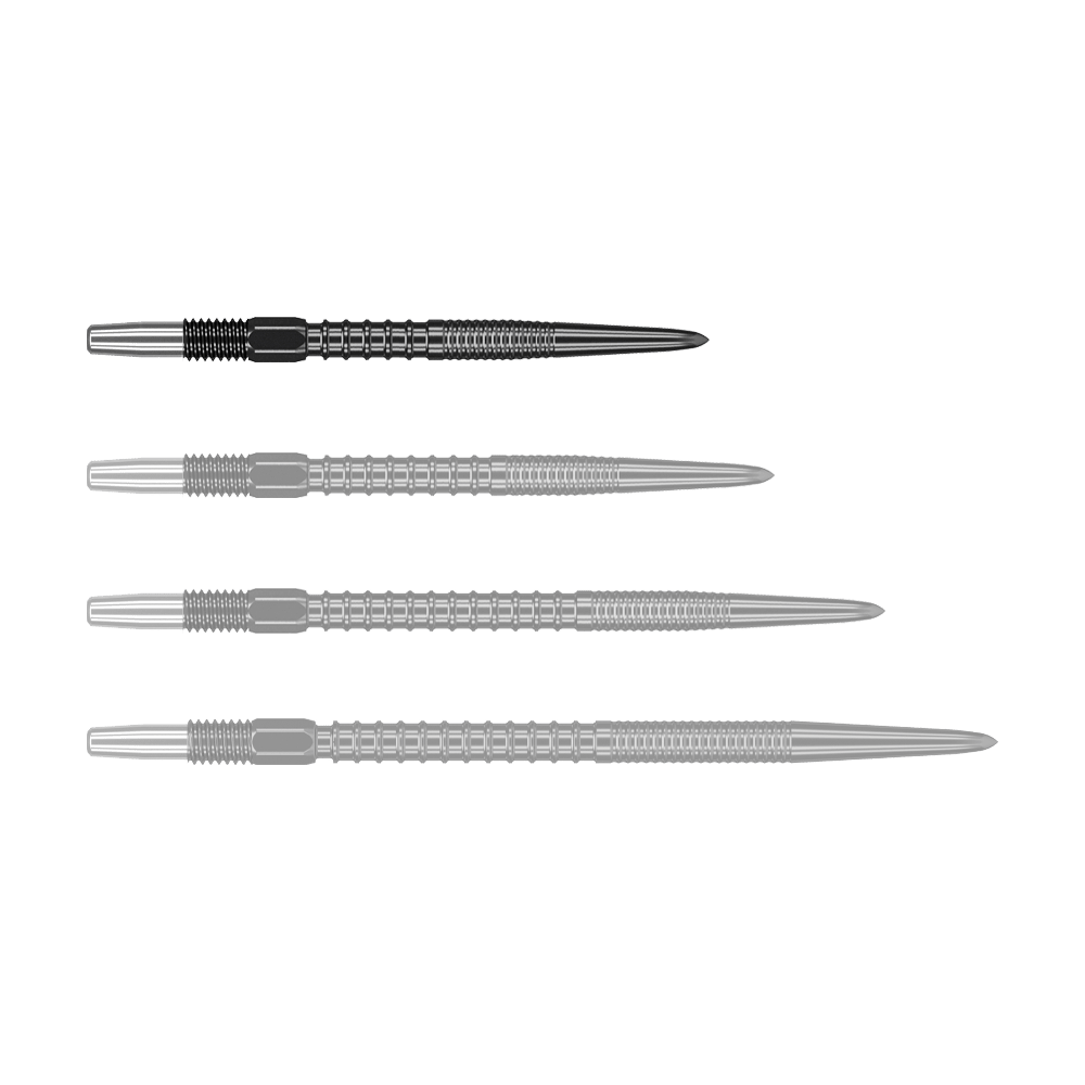Puntas de dardos Target Swiss Firepoint Black Auf dem Bild sind vier schwarze Dartspitzen in einer Reihe zu sehen. Sie sind aus Metall und haben ein modernes, gerilltes Design.