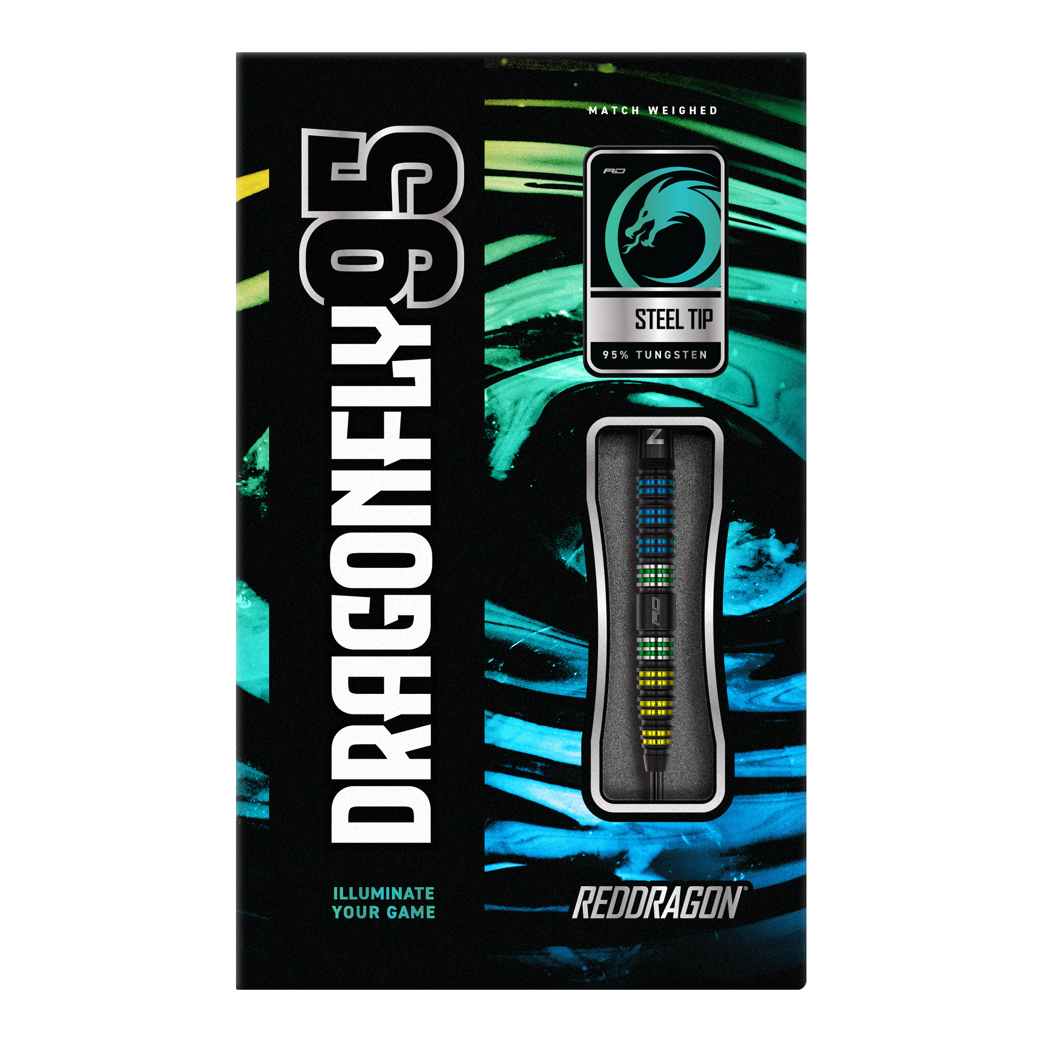 Dardos Red Dragon Dragonfly 95 de acero cónico negro Auf dem Bild ist die Verpackung der "Red Dragon Dragonfly 95 Black Tapered Steeldarts" zu sehen. Die Schachtel hebt das Design der Darts sowie den Schriftzug und die Materialien hervor.