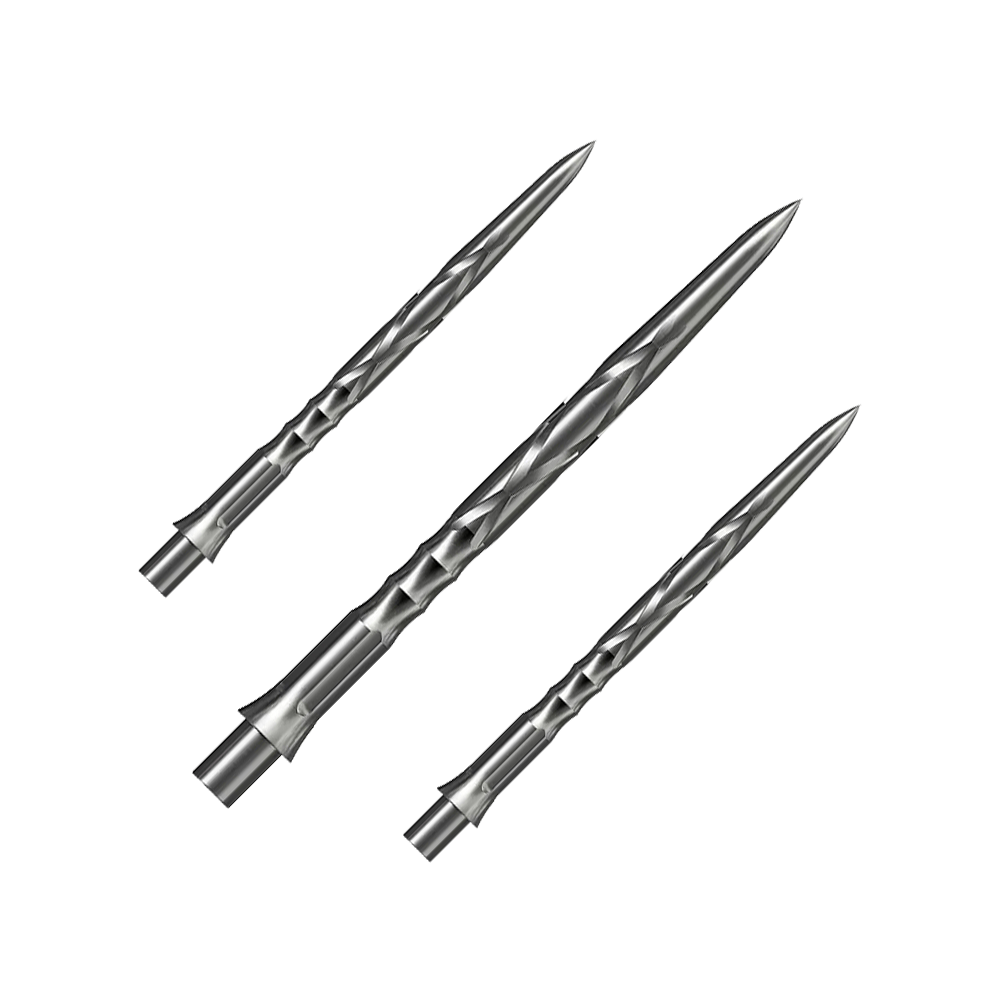 Puntas de dardos de acero Caliburn System - HAN G2 - Plata Auf dem Bild sind drei silberne Steeldartspitzen mit einem spiralförmigen Muster zu sehen. Sie liegen nebeneinander auf einem neutralen Hintergrund.