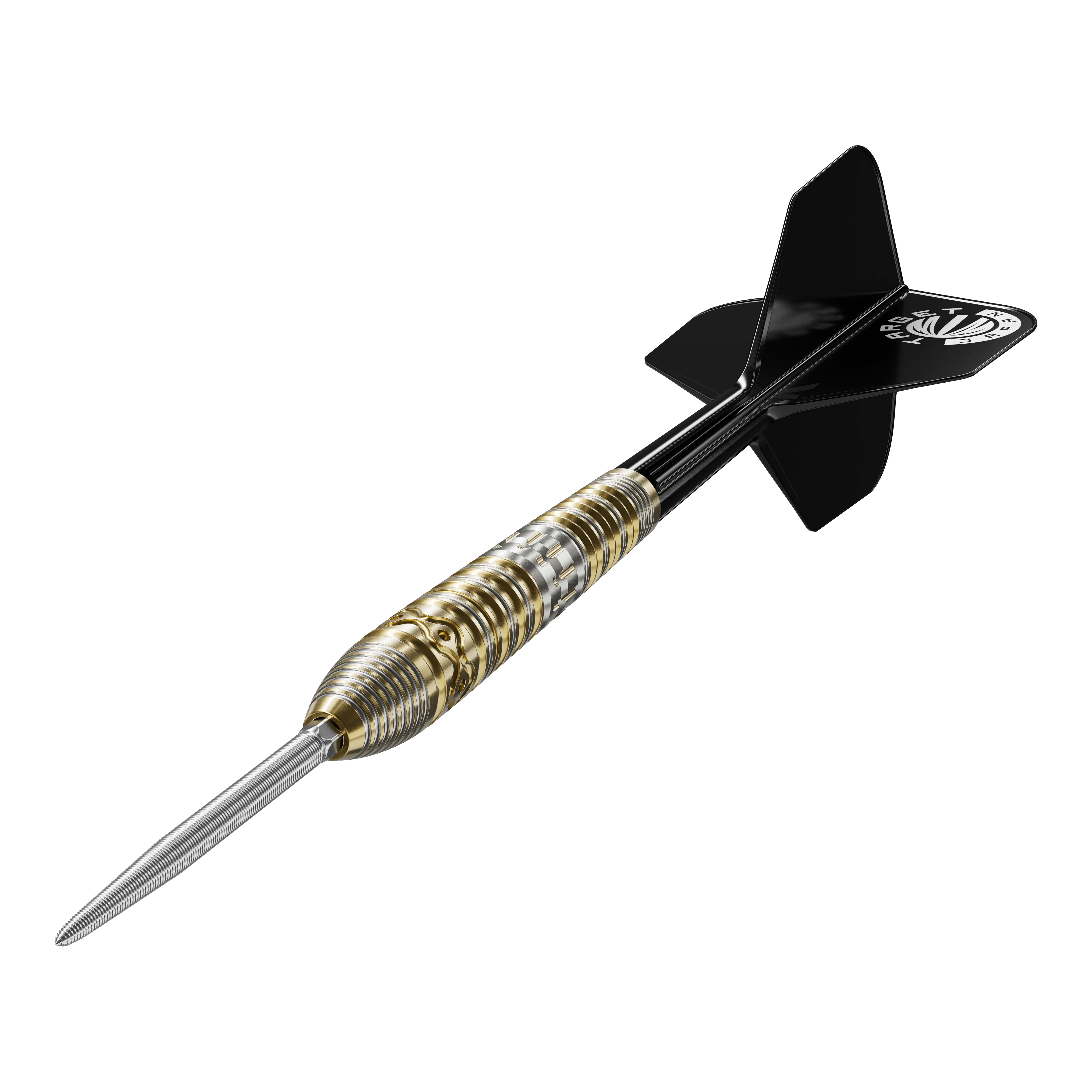 Dardos de acero Target Japan Hot Shot GEN2 - 23 g Das Bild zeigt einen Target Japan Hot Shot GEN2 Steeldart mit einem Gewicht von 23g. Der Dart hat einen metallischen, geriffelten Griffbereich und schwarze Flights.