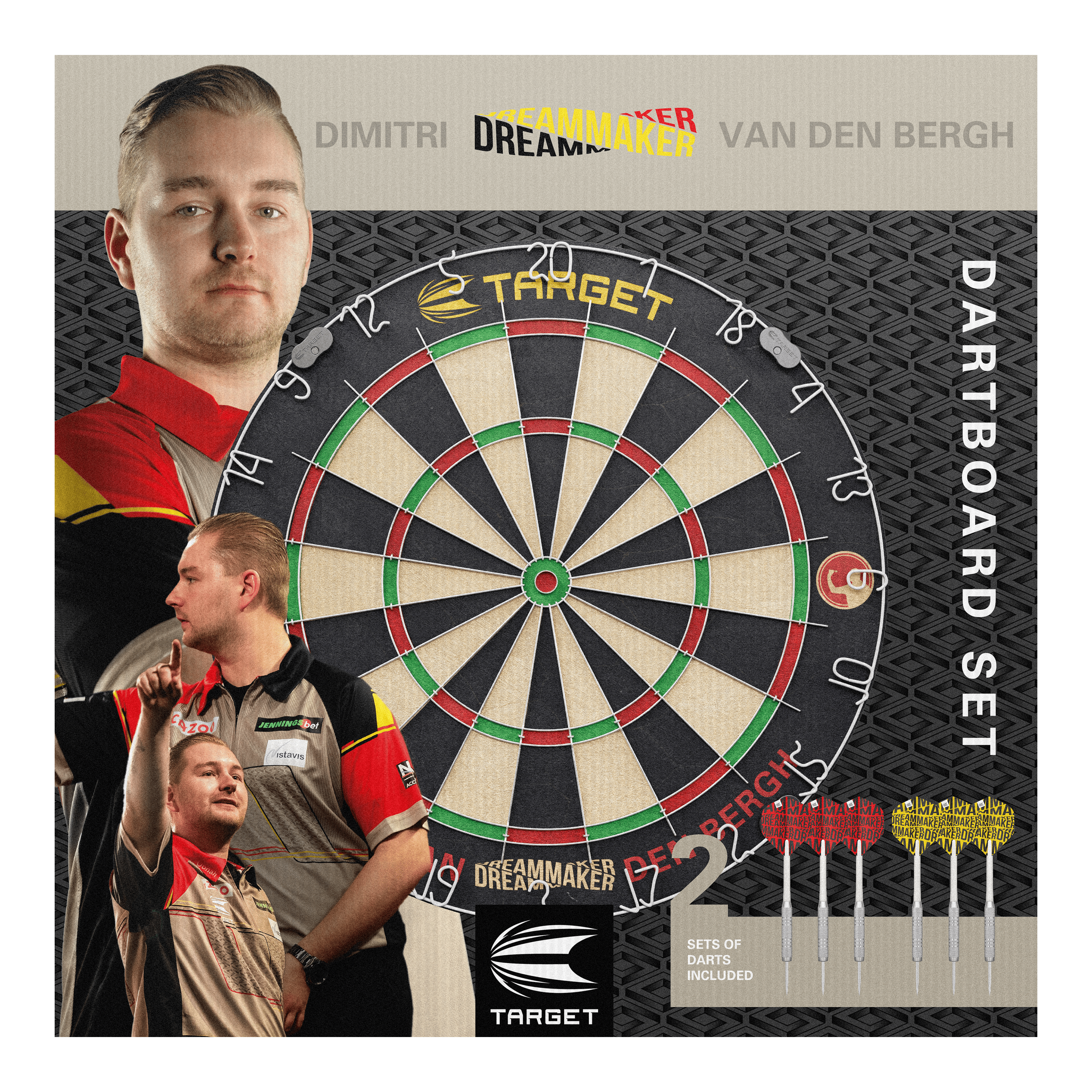 Juego de dianas de acero Target Dimitri Van Den Bergh Das Bild zeigt das Produkt "Target Dimitri Van Den Bergh Steeldartboard Set" mit einer großen Dartscheibe in der Mitte. Rechts unten sieht man sechs mitgelieferte Darts und im Hintergrund ist Dimitri Van Den Bergh mehrfach abgebildet.