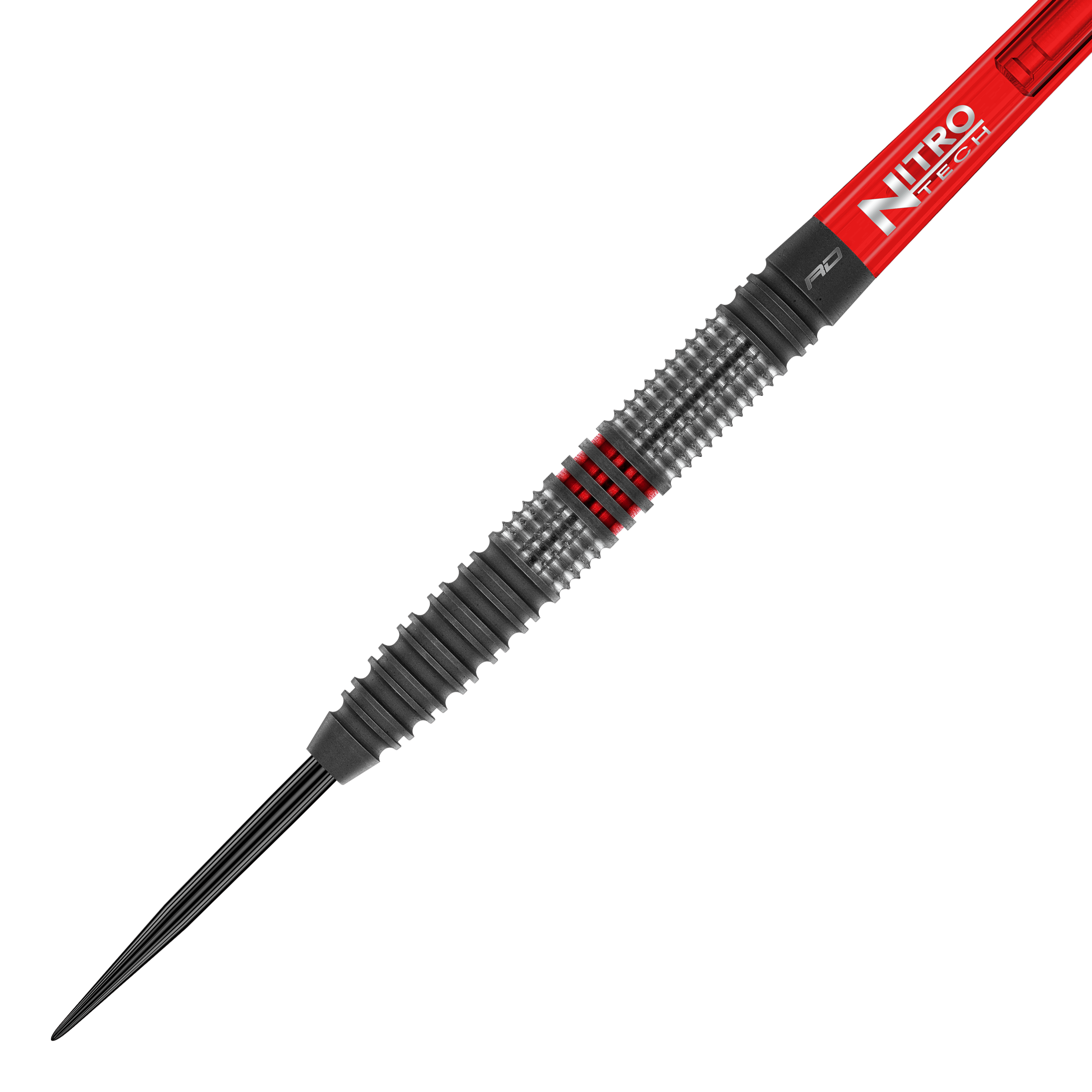 Dardos de acero Red Dragon Jonny Clayton Hiraeth Das Bild zeigt einen Steeldart namens "Red Dragon Jonny Clayton Hiraeth". Der Dart hat ein geriffeltes Griffstück mit schwarzen und roten Akzenten sowie einen roten Schaft mit der Aufschrift "Nitro Tech".