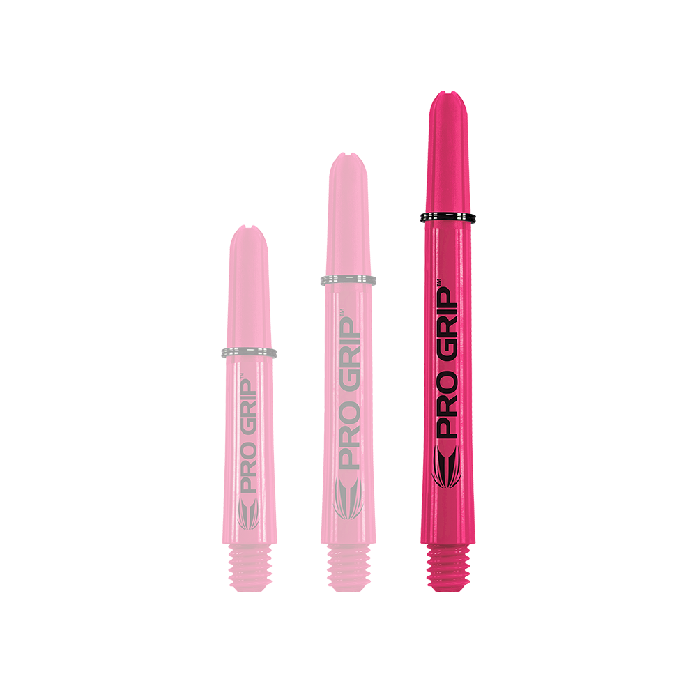 Varillas Target Pro Grip - 3 juegos - Rosa Das Bild zeigt drei pinke Pro Grip Shafts in verschiedenen Längen. Sie stehen nebeneinander und haben die Aufschrift "PRO GRIP".