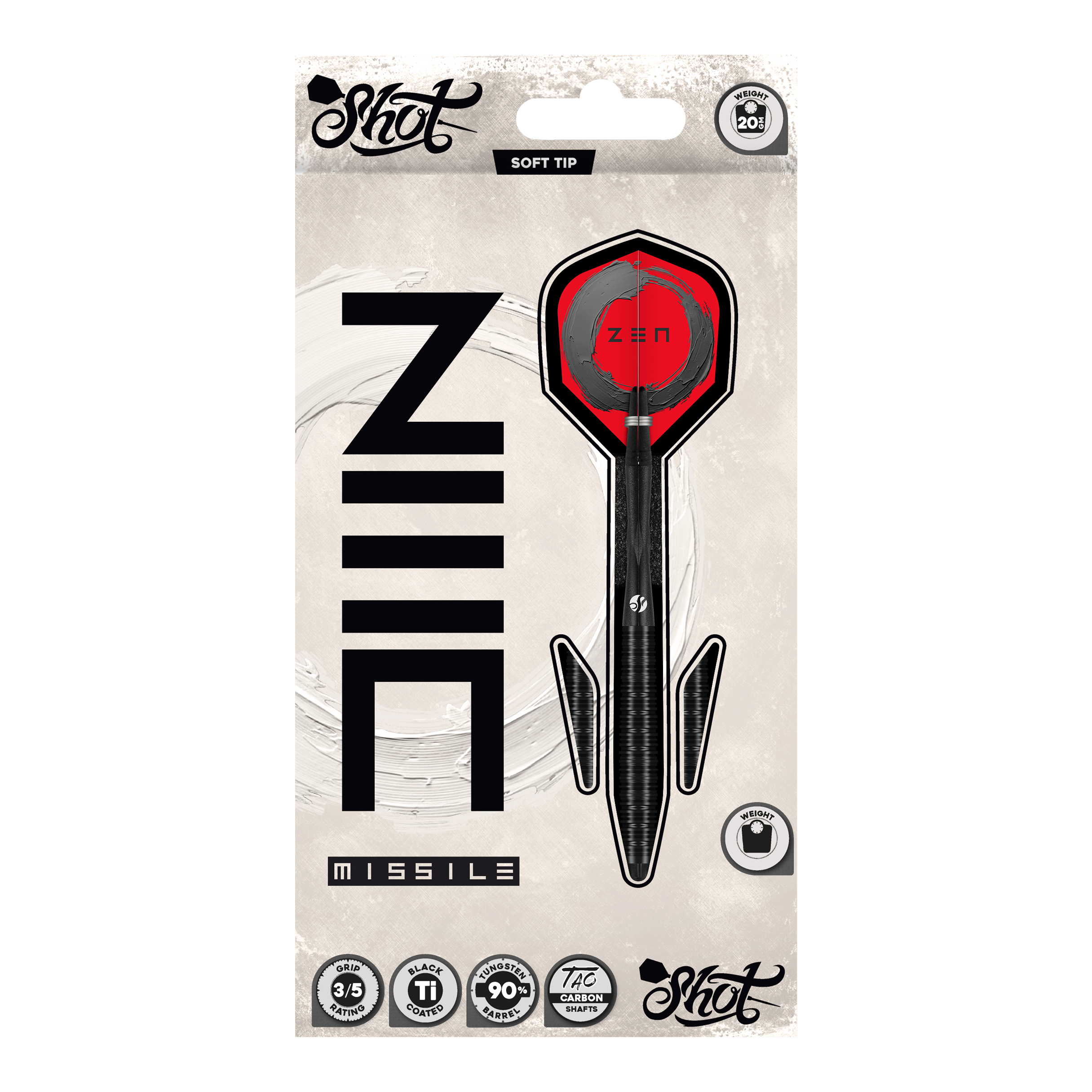 Dardos blandos Shot ZEN Missile - 20 g Dies ist ein Bild von den Shot ZEN Missile Softdarts - 20g. Die Softdarts sind für das Dartspiel geeignet und zeigen ein modernes Design.