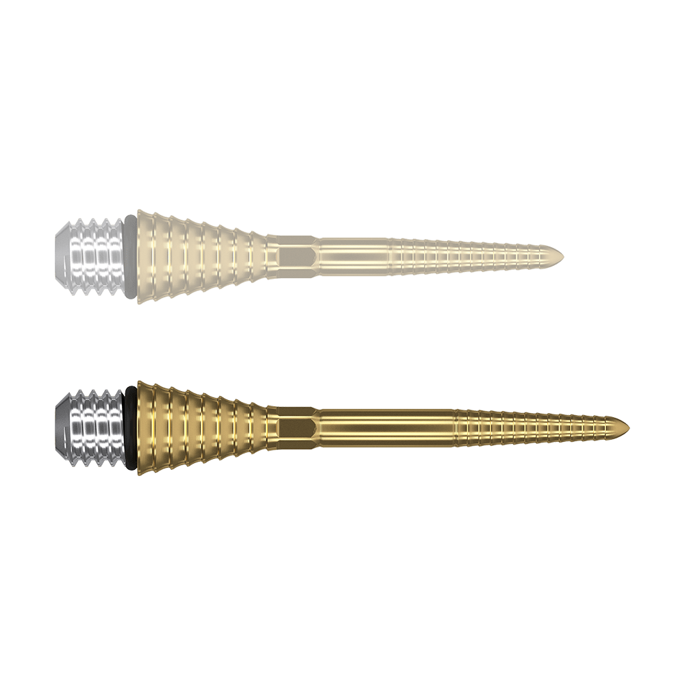 380179_Target_Titanium_Swiss_Point_Grooved_Conversion_Points_Gold_30mm_1yulRWxeJOtNkw Das Bild zeigt zwei goldfarbene, gerillte Konversionsspitzen für Darts. Sie haben einen silbernen Schraubkopf und sind schlank und spitz zulaufend.