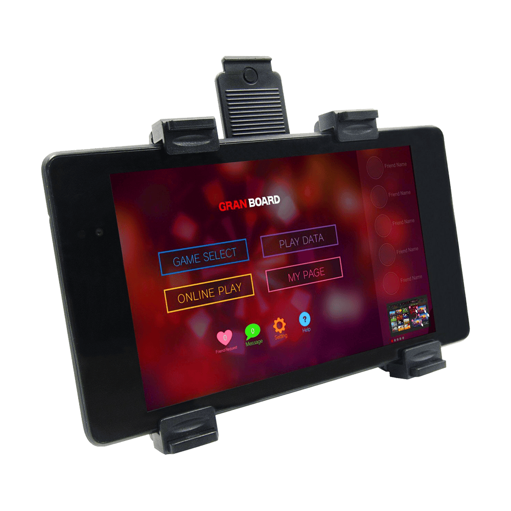 GRN0040_GranBoard_Table_Holder_2 Der GranBoard Tablet Holder hält ein Tablet sicher in einer stabilen Halterung. Auf dem Tablet ist die GranBoard-App mit verschiedenen Auswahlmöglichkeiten zu sehen.