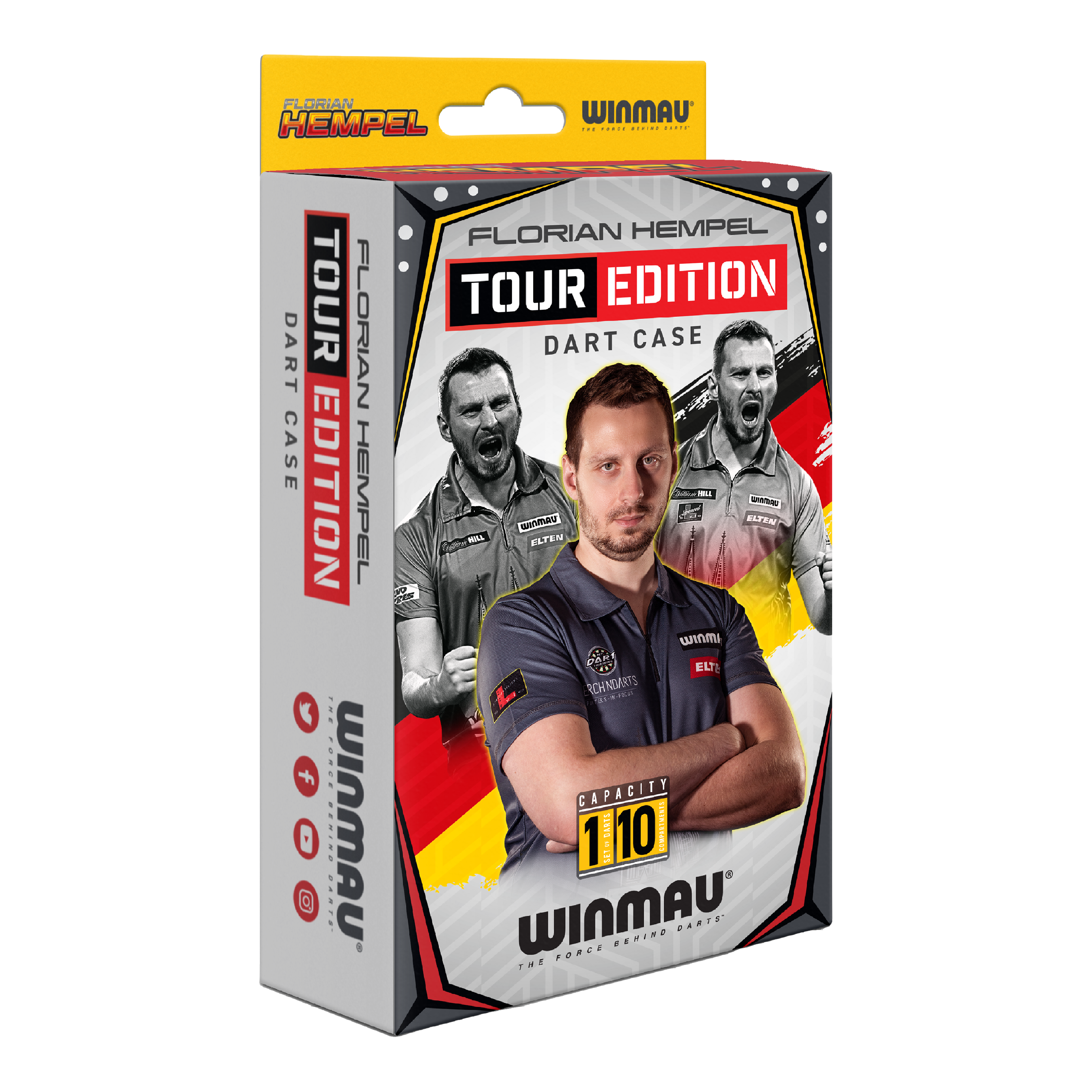 Estuche para dardos Winmau Florian Hempel Tour Edition Die Verpackung zeigt das Produkt "Winmau Florian Hempel Tour Edition Dartcase". Auf der Vorderseite sind Bilder von Florian Hempel und der Hinweis auf eine Kapazität von 110 Darts abgebildet.