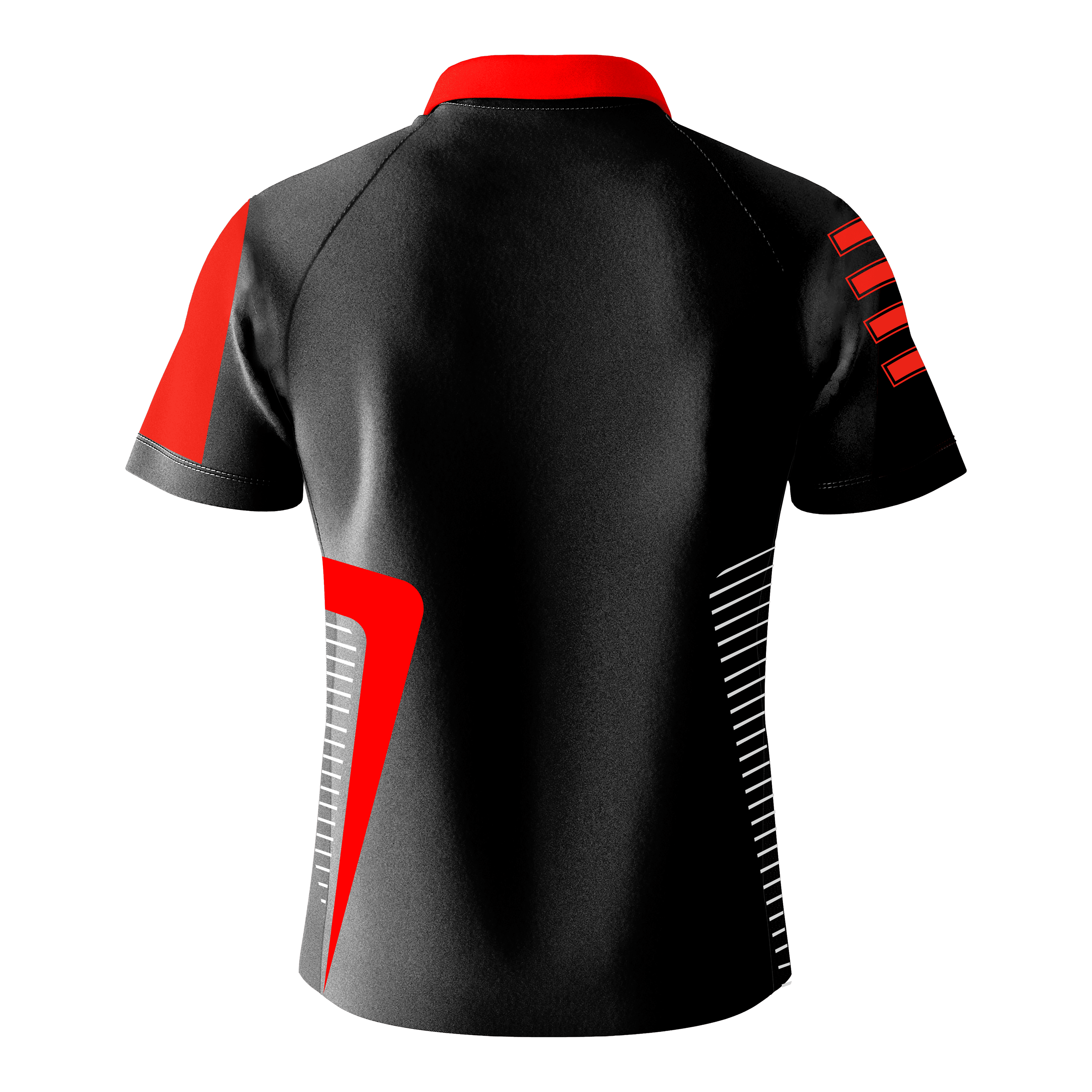 Das Bild zeigt das Bulls Team Dartshirt in Rot von hinten. Das Shirt ist hauptsächlich schwarz mit roten und weißen Designelementen auf den Ärmeln und an den Seiten.