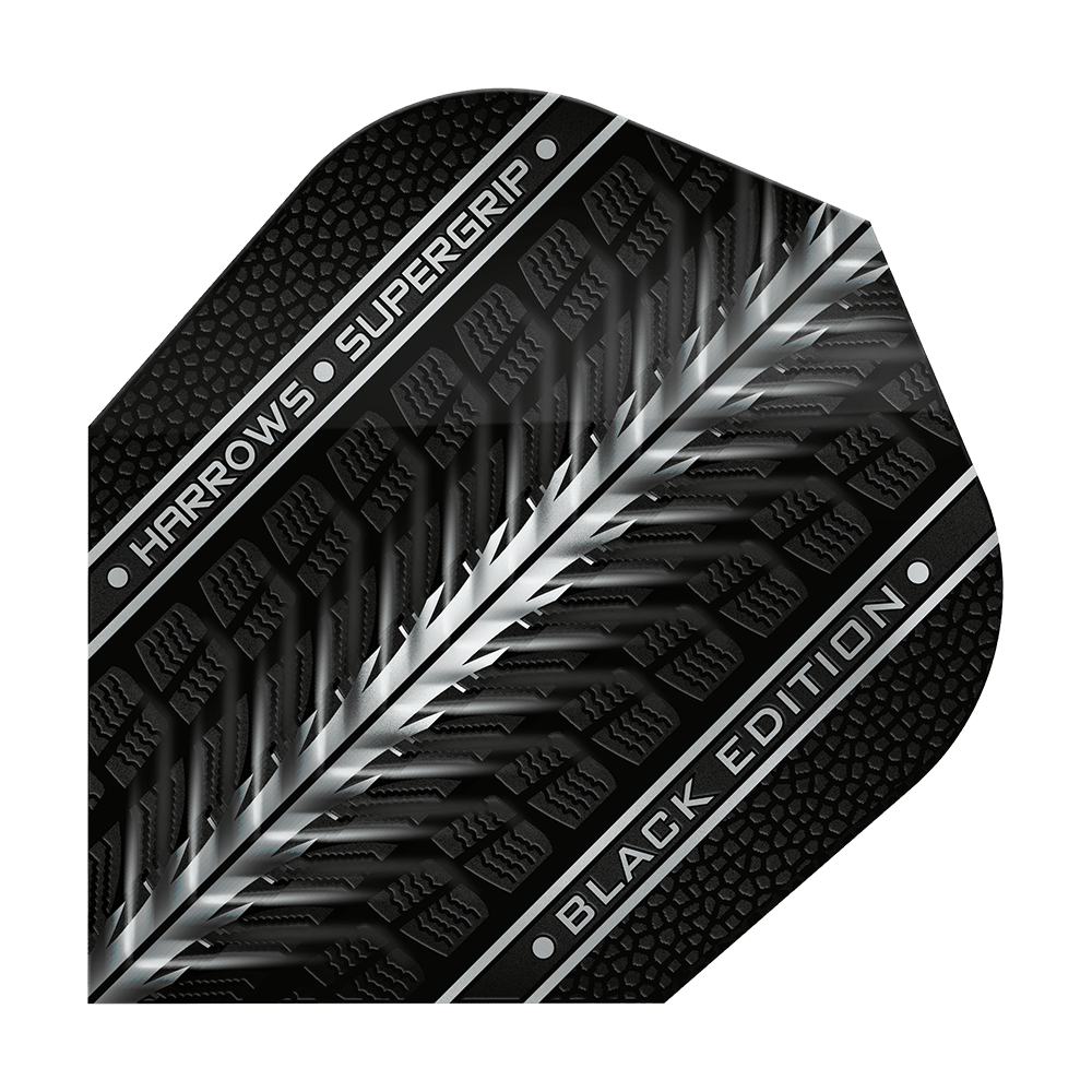 Plumas Harrows Supergrip Black Edition No6 Das Bild zeigt das Produkt "Harrows Supergrip Black-Edition No6 Flights". Das Flight ist schwarz mit silbernen und grauen Akzenten sowie der Aufschrift "HARROWS SUPERGRIP BLACK EDITION".
