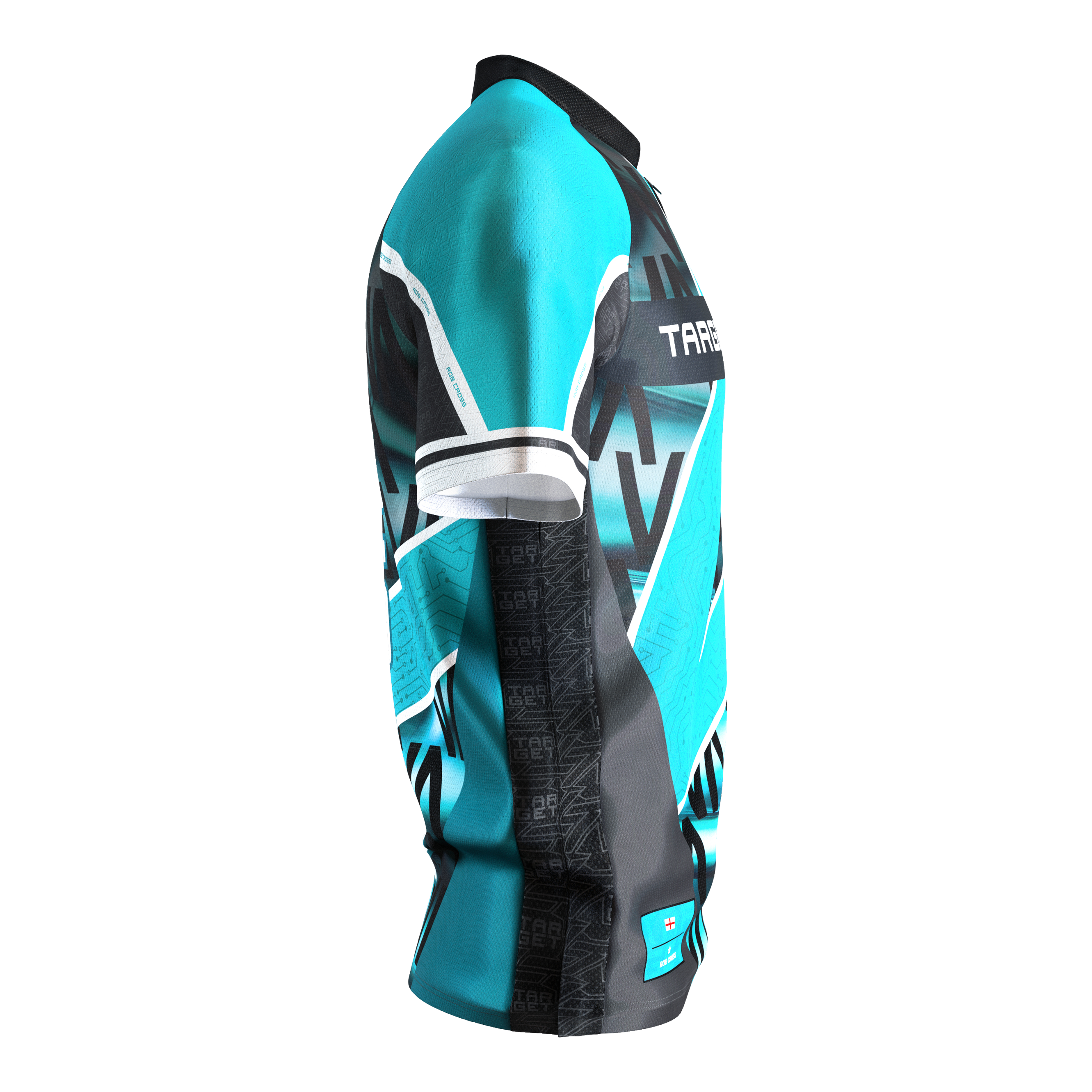 Camiseta de dardos Target Coolplay Rob Cross 2025 Das Bild zeigt das "Target Coolplay Rob Cross 2025 Dartshirt" aus seitlicher Perspektive. Das Shirt ist hauptsächlich türkis und schwarz mit auffälligen grafischen Mustern und weißen Akzenten gestaltet.