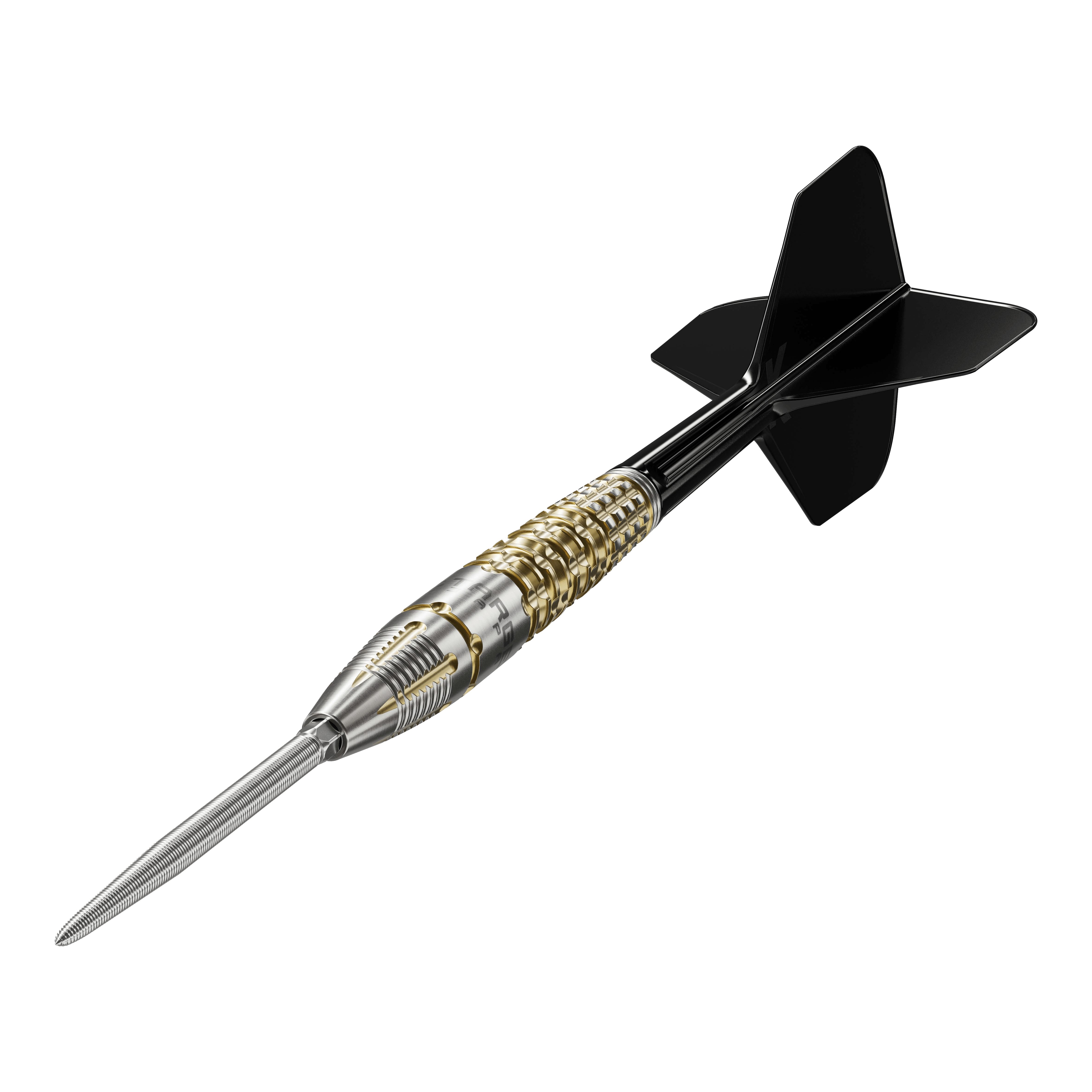 Dardos de acero Target Black Marque Warrior Swiss Point Das Bild zeigt einen Target Black Marque Warrior Swiss Point Steeldart. Der Dart hat eine silberne Spitze, einen gold-silbernen Griff und schwarze Flights.