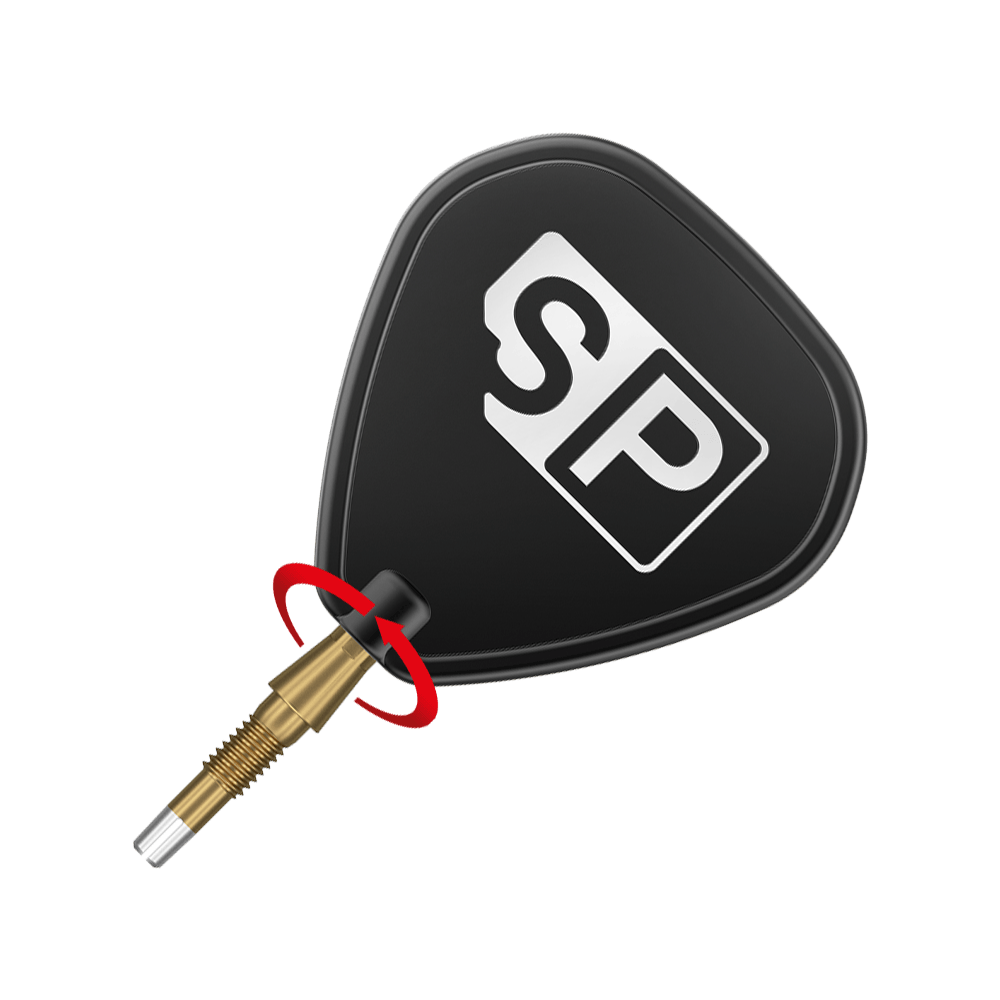 340057_Target_Swiss_Storm_Point_Dartspitzen_Gold_3_SP Das Bild zeigt eine Dartspitze mit goldener Farbe und einem schwarzen Flight, auf dem "SP" steht. Der Hintergrund ist weiß mit einem roten Streifen.