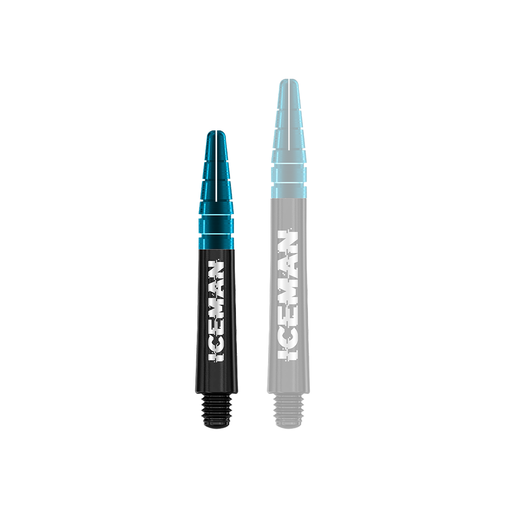C636_Red_Dragon_Nitrotech_Gerwyn_Price_Shafts_Black_36mm_1zJba8UA2mSc2F Das Bild zeigt zwei schwarze Dartschäfte mit blauen Enden. Auf den Schäften steht in weißer Schrift das Wort "ICEMAN".