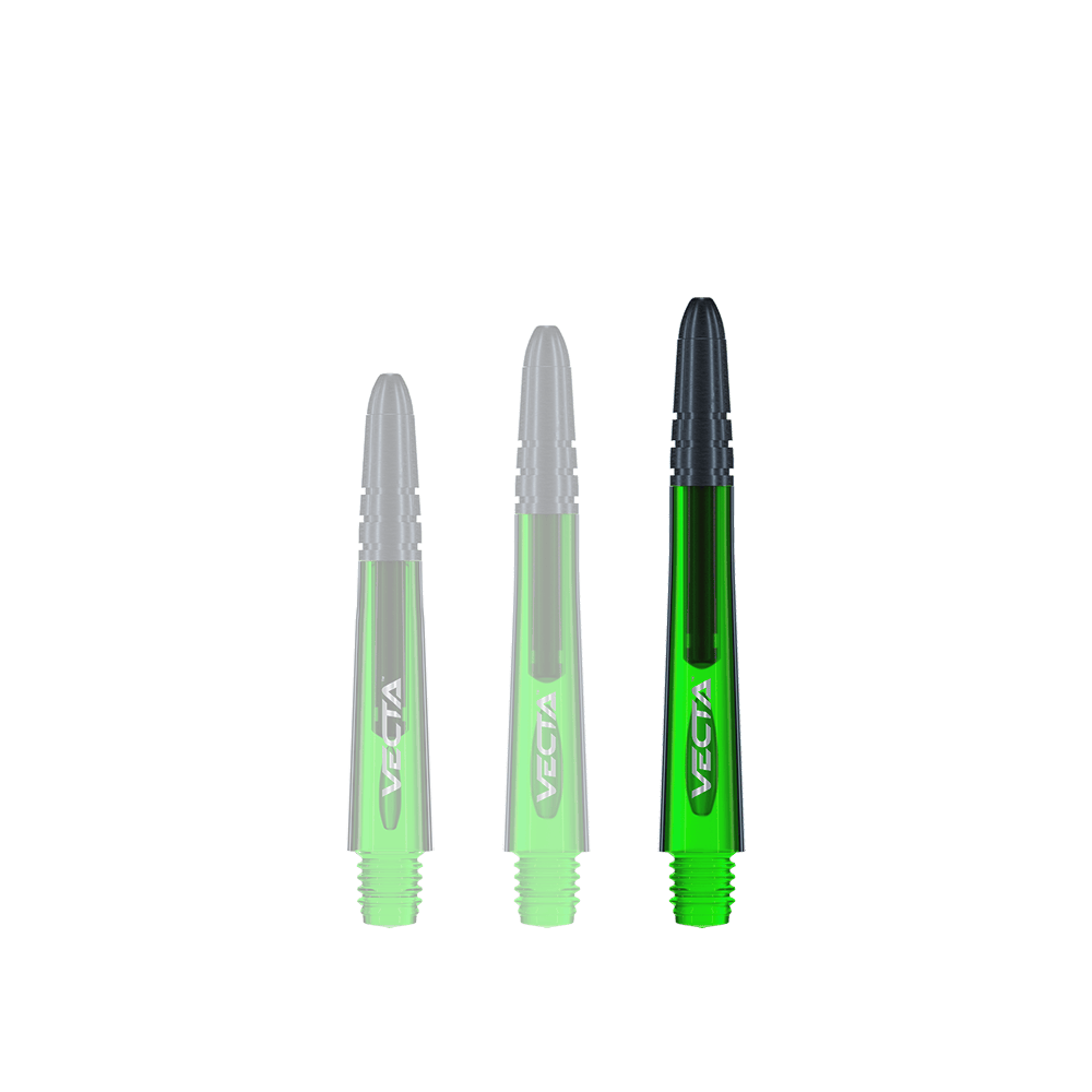 Das Bild zeigt drei grüne Winmau Vecta Shafts für Dartpfeile. Sie sind in verschiedenen Längen abgebildet und haben schwarze Spitzen.