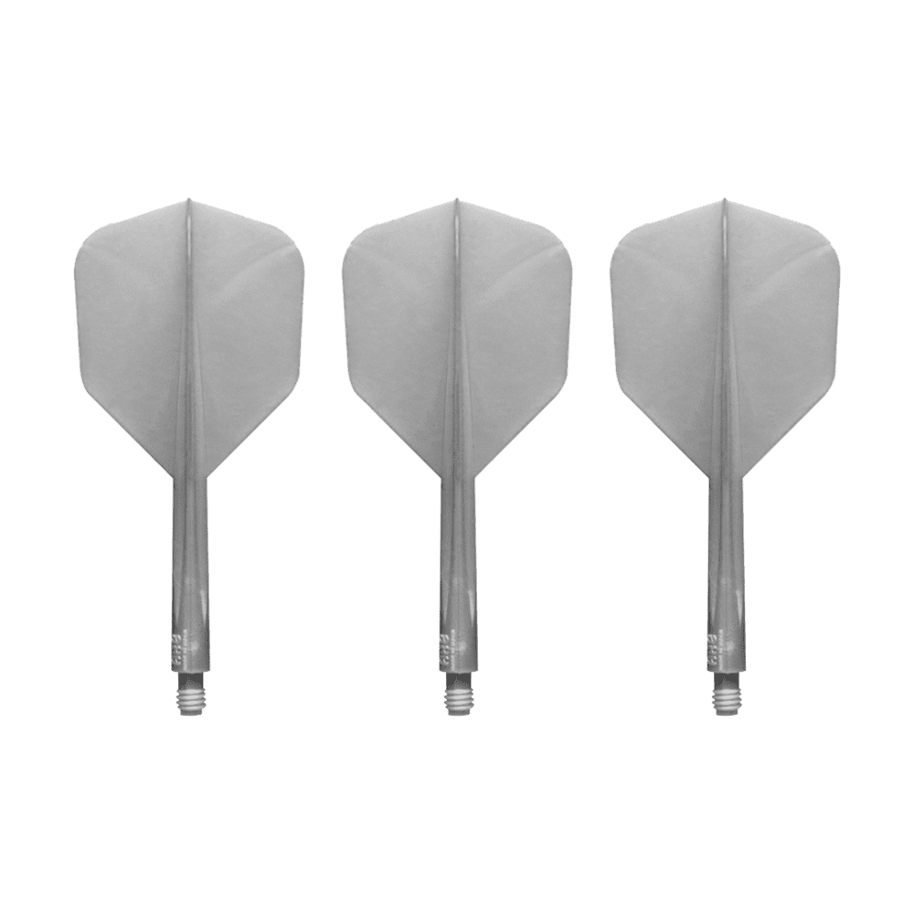 Condor_AXE_Metallic_Pearl_Silver_Small_Flights_1 Das Bild zeigt drei silberne Dartflights mit Schäften der Marke Condor AXE Metallic Flight-System Pearl Silver in der Größe Small. Die Flights sind nebeneinander auf weißem Hintergrund angeordnet.