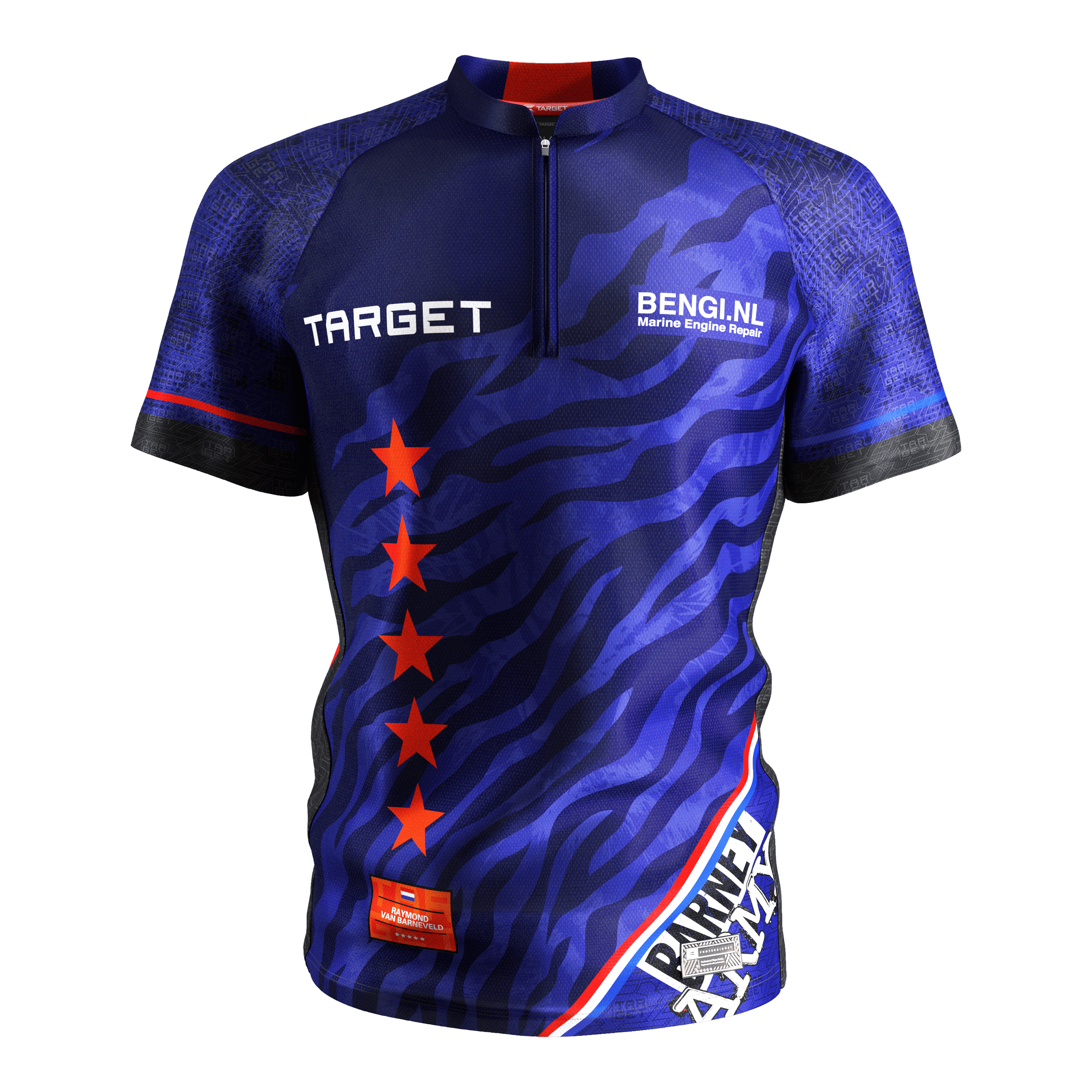 Camiseta dardos Target Coolplay Raymond Van Barneveld 2025 Das Bild zeigt das Produkt "Target Coolplay Raymond Van Barneveld 2025 Dartshirt". Das Dartshirt ist hauptsächlich blau mit roten Sternen und weißen Schriftzügen.