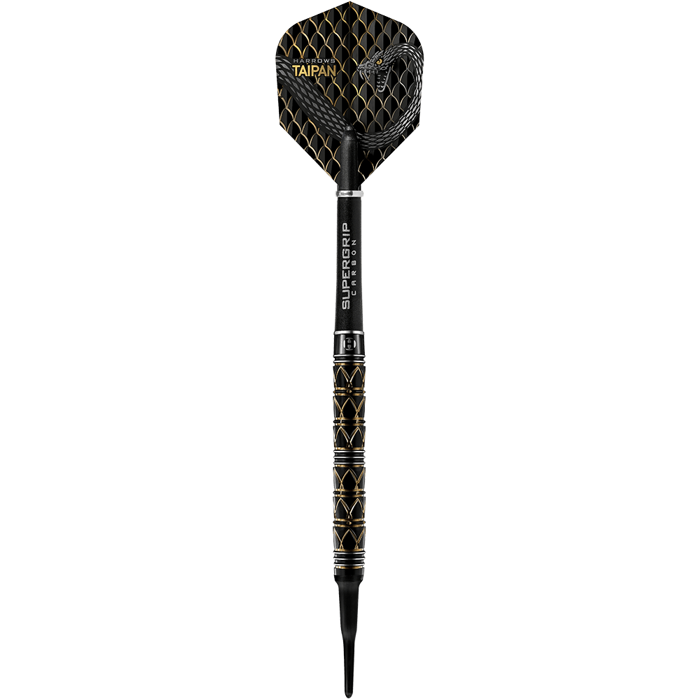 HA29129_Harrows_Taipan_Softdarts_1ioDmR8L4OPn1D Das Bild zeigt einen Harrows Taipan Softdart mit einem schwarzen und goldenen Design. Der Dart hat ein auffälliges Muster und einen Griff mit der Aufschrift "SUPERGRIP CARBON".