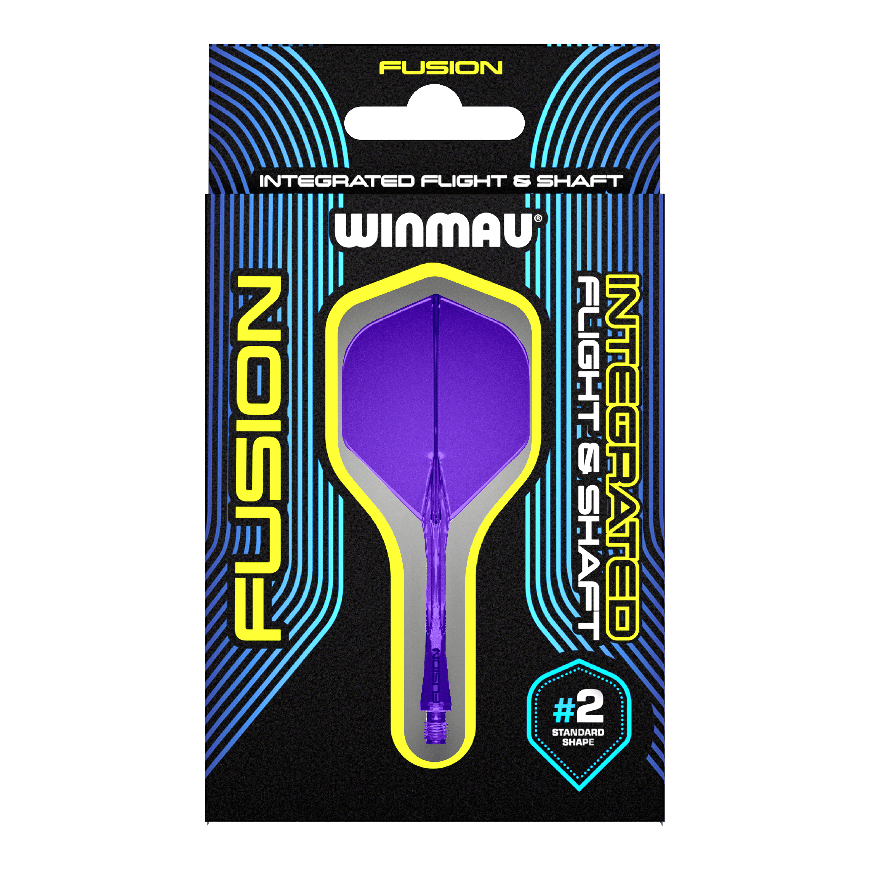 Sistema de eje de vuelo Winmau Fusion estándar morado Auf dem Bild ist eine Verpackung mit einem lila Dart-Flug- und Schaftsystem der Marke Winmau zu sehen. Die Verpackung trägt die Aufschrift "Fusion Integrated Flight & Shaft" und hebt die Standardform #2 hervor.