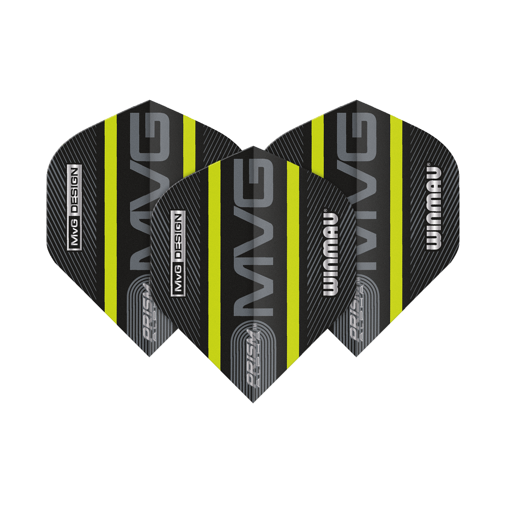 6915-188_Winmau_Prism_Alpha_MvG_Green_Standard_Flights_1DsuqRMQsWxUEQ Das Bild zeigt drei Winmau Prism Alpha MvG Green Standard Flights für Darts. Die Flights sind schwarz mit grünen Streifen und silberner Aufschrift.
