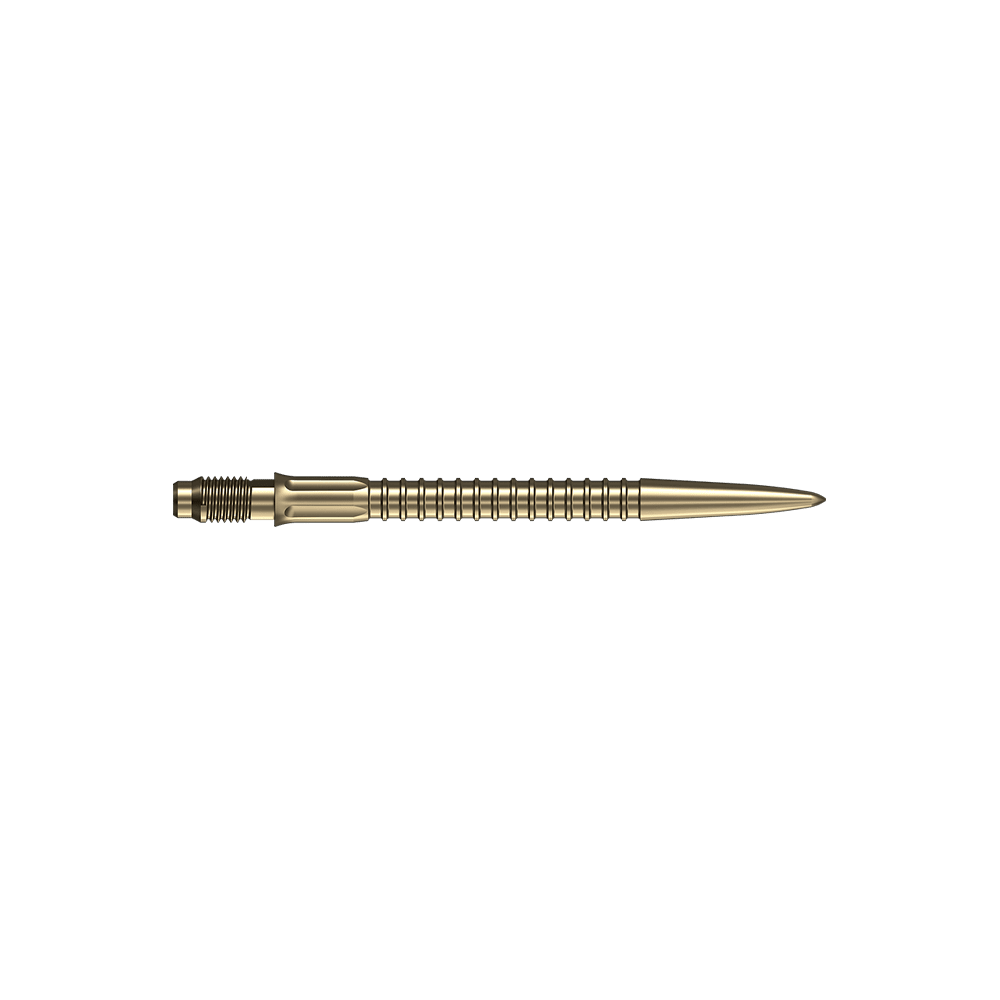 Puntas de dardo Mission R2.5 Rapid Point GV1 - Oro Dartspitzen in goldener Farbe sind auf weißem Hintergrund abgebildet. Geeignet als Ersatzteile für Darts.