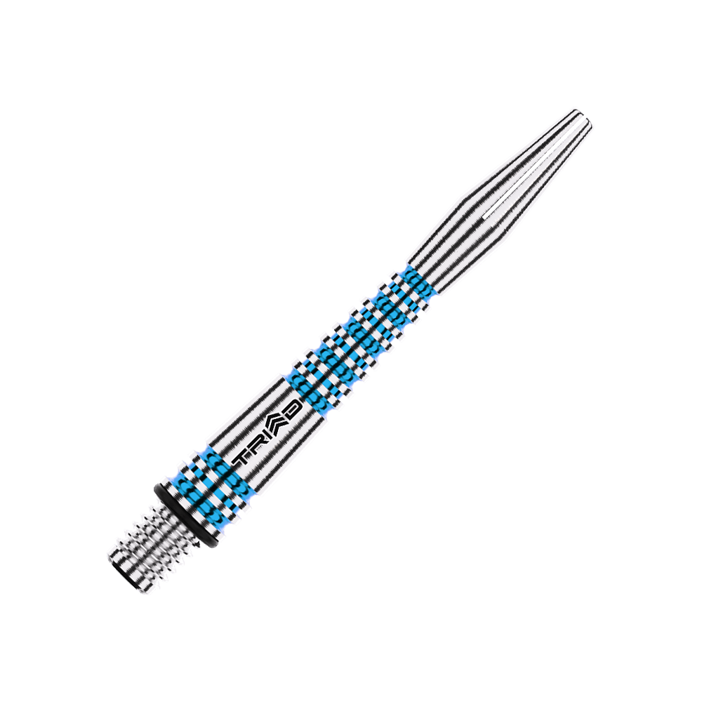 Winmau Triad RX Aluminium Shafts - Blau Auf dem Bild ist ein blauer Winmau Triad RX Aluminium Dartschaft zu sehen. Der Schaft hat ein gestreiftes Design mit silbernen und blauen Akzenten.