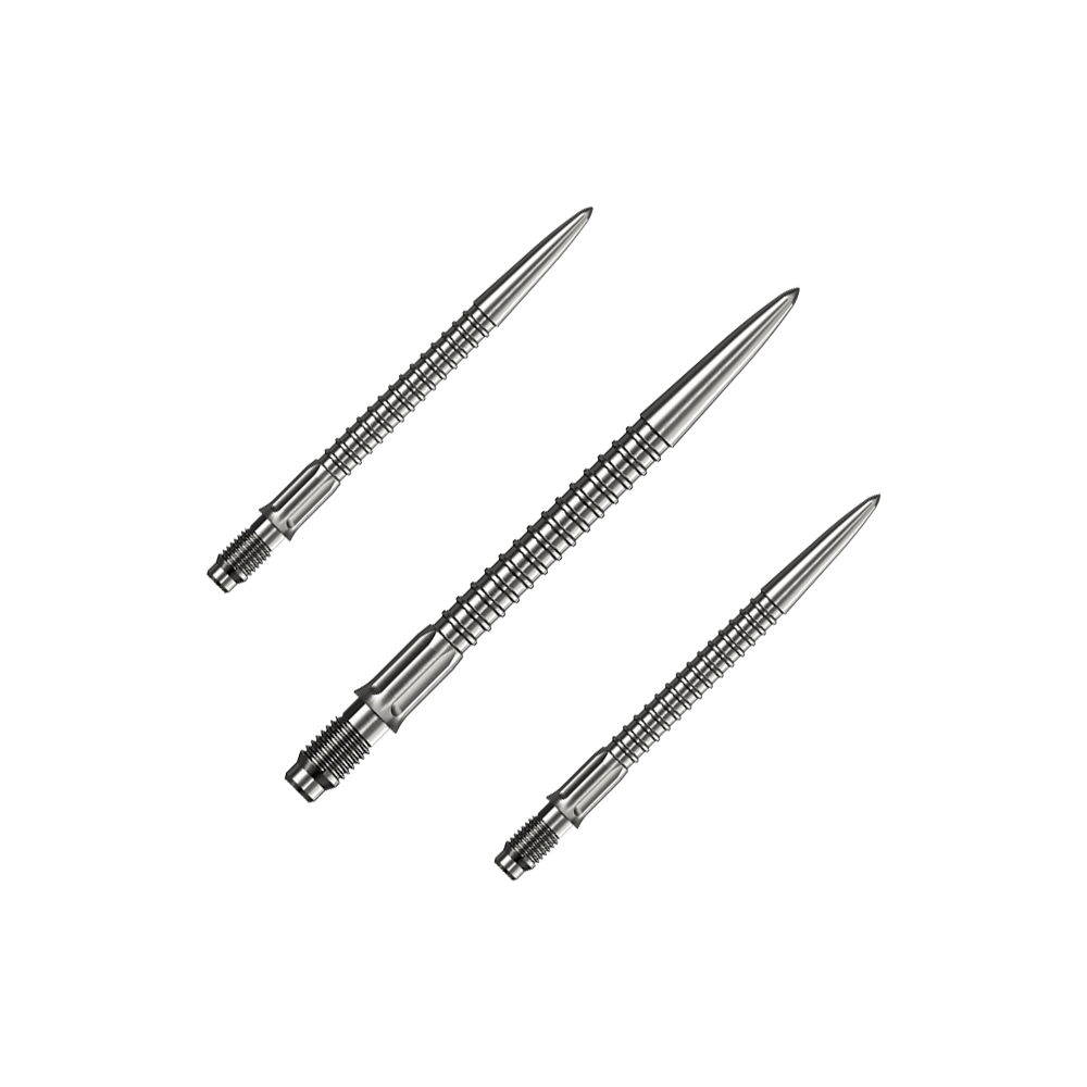 Abgebildet ist ein Set Mission R25 Rapid Point GV1 Dartspitzen in Silber mit 30mm Länge. Das Set eignet sich als Zubehör für Dartspieler.