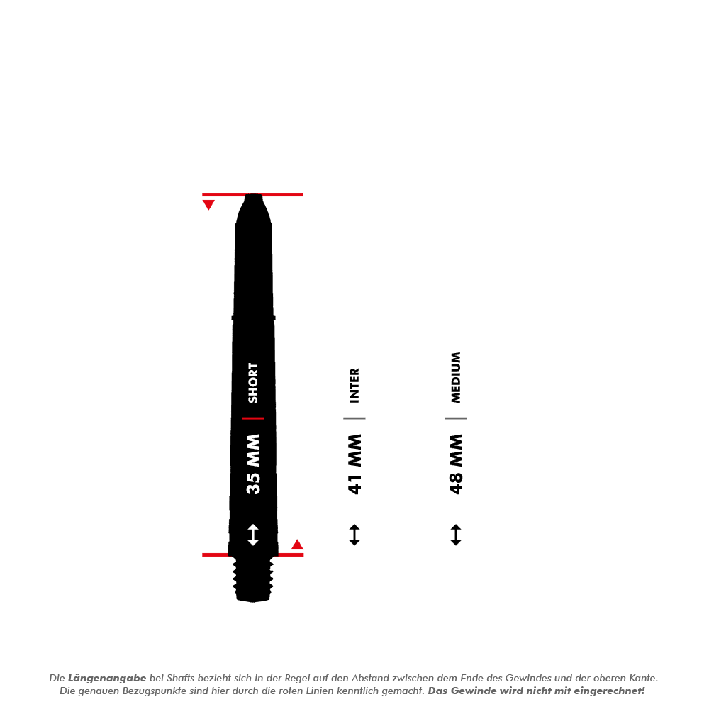 7020_Winmau_Prism_Force_Shafts_5_35mmChpKFhBL6KYOD Das Bild zeigt verschiedene Längen von Dartschäften, wobei die kurze Version 35 mm lang ist. Die Längenangaben beziehen sich auf den Abstand vom Ende des Gewindes bis zur oberen Kante, ohne das Gewinde einzuberechnen.