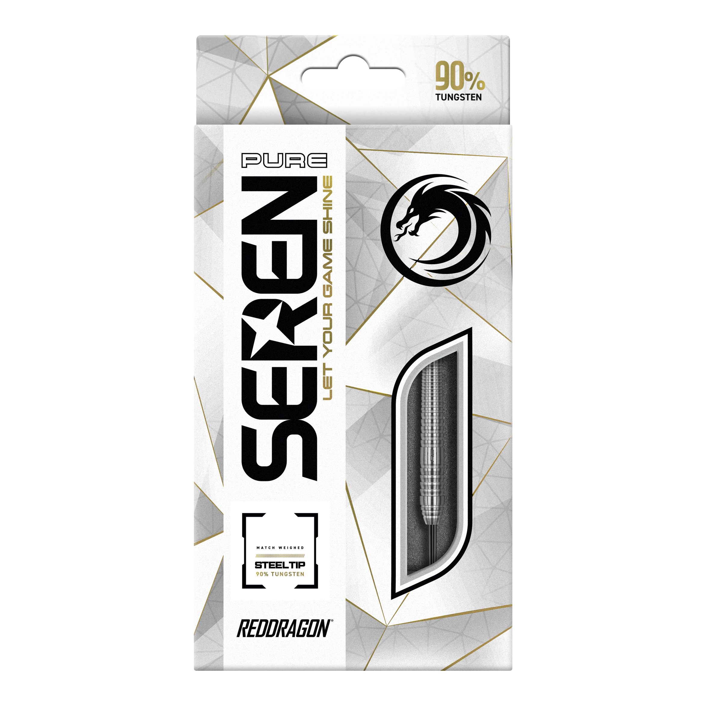 Red Dragon Seren 2 Dardos de acero puro Die Abbildung zeigt die Verpackung der "Red Dragon Seren 2 Pure Steeldarts". Auf der Verpackung steht, dass die Darts aus 90% Tungsten bestehen.