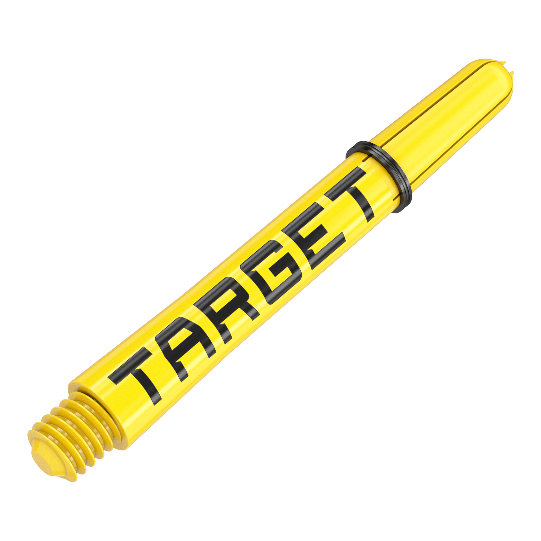 Varillas Target Pro Grip TAG - 3 juegos - Amarillas Dies ist ein gelber Dart-Schaft mit dem Schriftzug "TARGET". Der Schaft hat ein schwarzes Gummiband und ein Schraubgewinde am Ende.