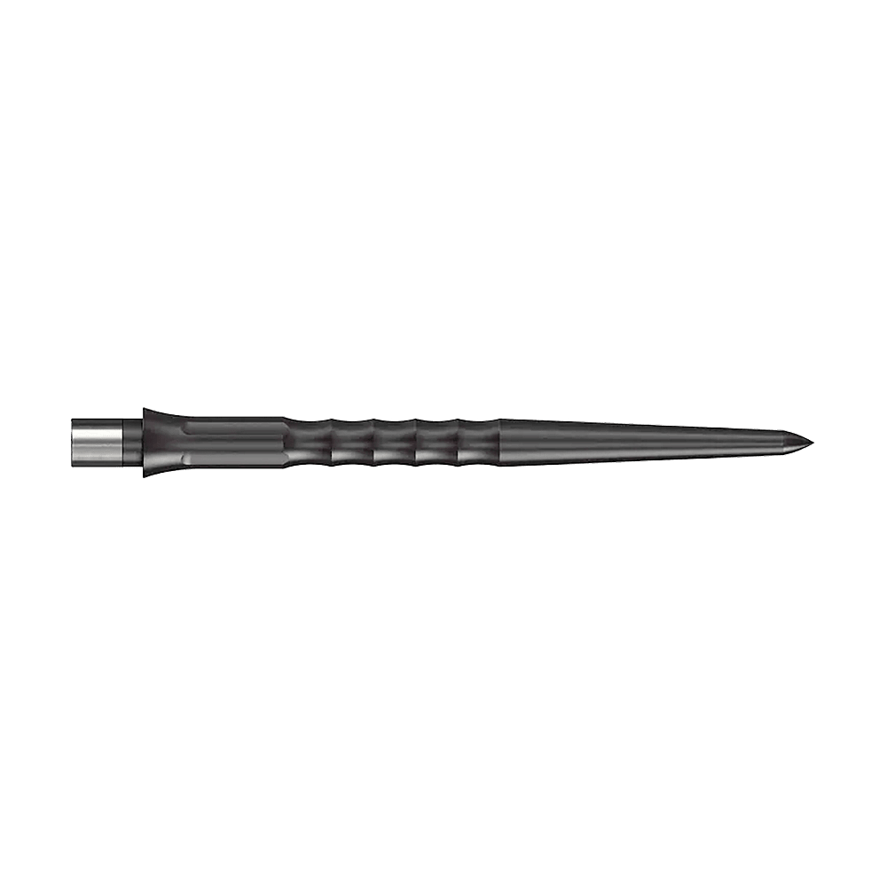 Auf dem Bild ist eine schwarze Stahlspitze für ein Dart zu sehen. Die Spitze hat eine geriffelte Struktur und ist 32 mm lang.