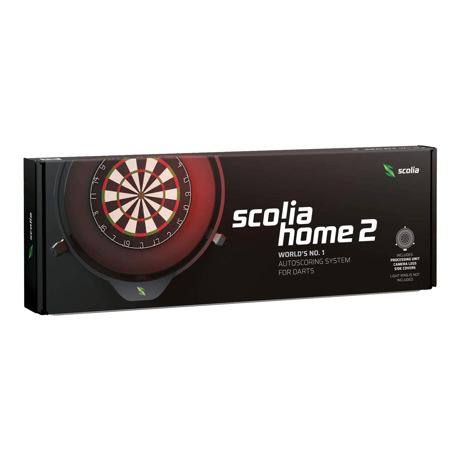 Sistema electrónico de autocalificación Scolia Home 2 2026 Die Abbildung zeigt die Verpackung des Produkts "Scolia Home 2 Electronic Score System". Es handelt sich um ein automatisches Punktezählsystem für Darts.