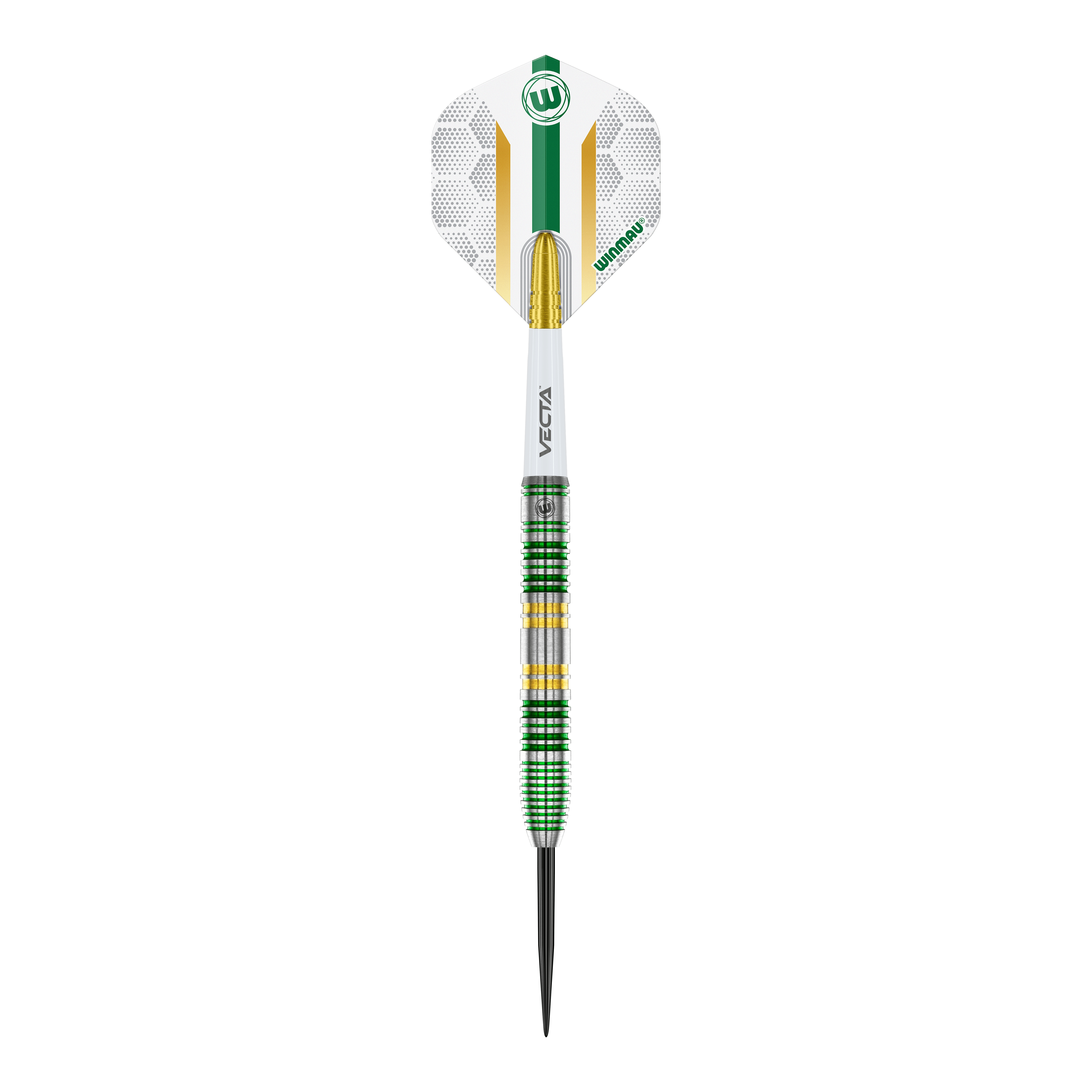 Dardos de acero Winmau Xenon Das Bild zeigt einen Winmau Xenon Steeldart mit einer weißen, grünen und goldenen Gestaltung. Der Dartpfeil hat einen markanten Ringgriff und eine spitze Metallspitze.