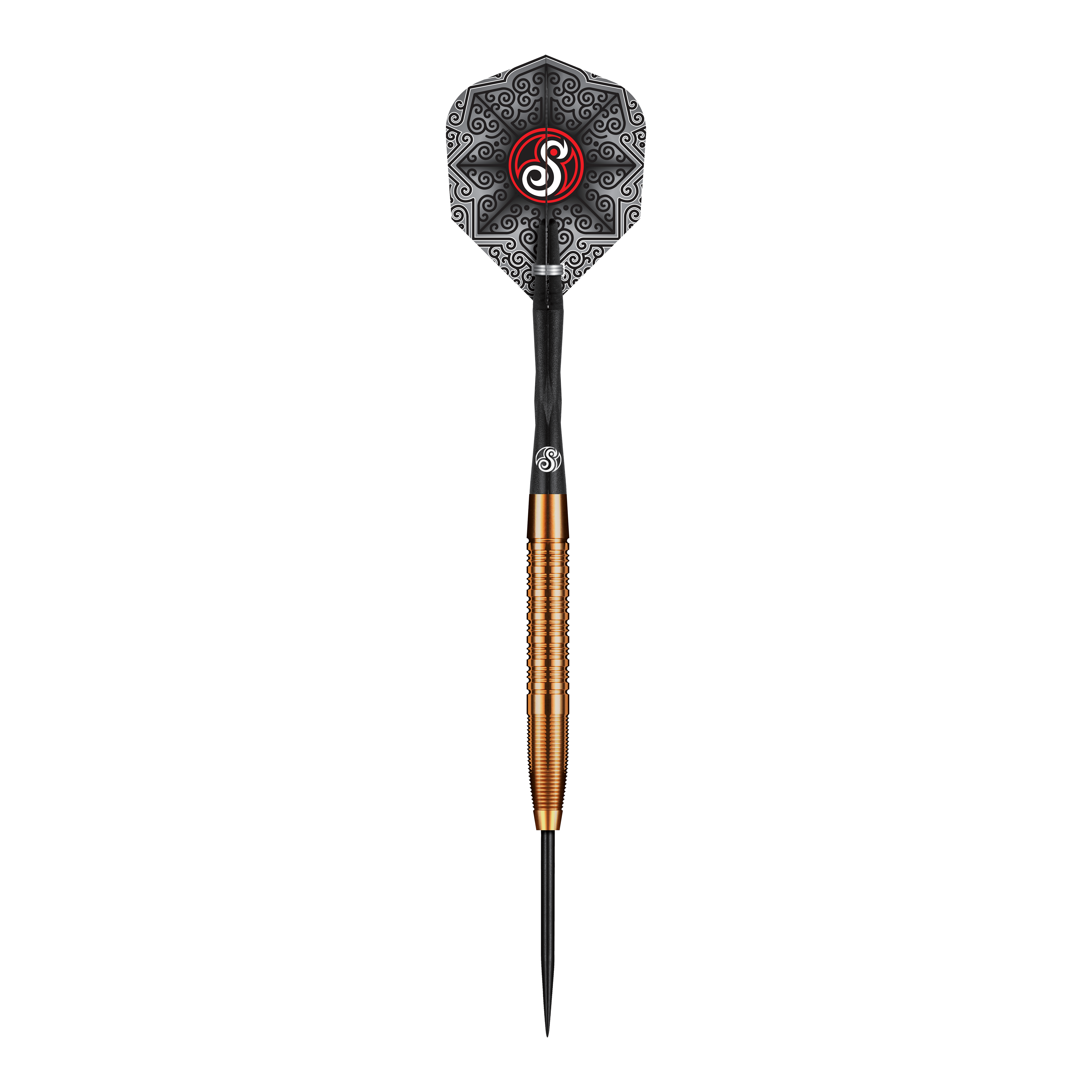 Dardos de acero Jake Womack de la serie Shot Pro, 23 g Das Bild zeigt den Shot Pro Series Jake Womack Steeldart mit einem Gewicht von 23 Gramm. Der Dart hat ein auffälliges schwarzes Flight-Design und einen goldfarbenen, gerillten Barrel.