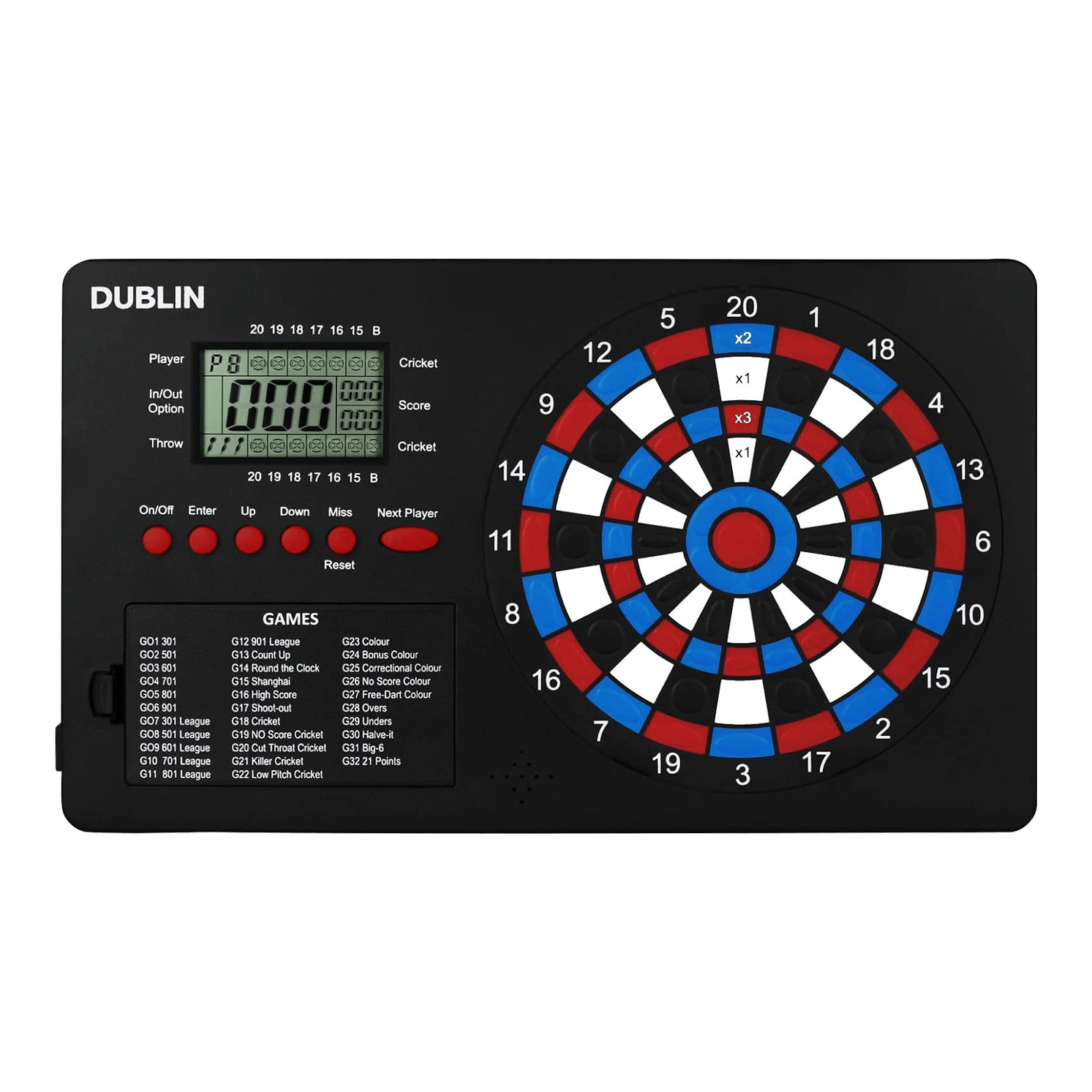 Contador de dardos XQMax Dublin Das Bild zeigt den "XQMax Dublin Dart Counter", ein elektronisches Dartspiel mit eingebautem Punktezähler. Links befindet sich ein digitales Display und Tasten zur Spielsteuerung, rechts das bunte Dartboard mit verschiedenen Zahlenfeldern.