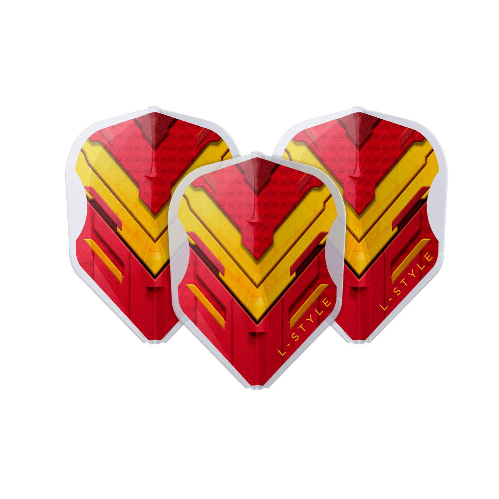 Vuelos L-Style V-Series V1 Tipo A España Blanco transparente L3EZ Das Bild zeigt drei Dart-Flights mit einem auffälligen roten und gelben Muster. Auf den Flights steht in gelber Schrift "L-STYLE".