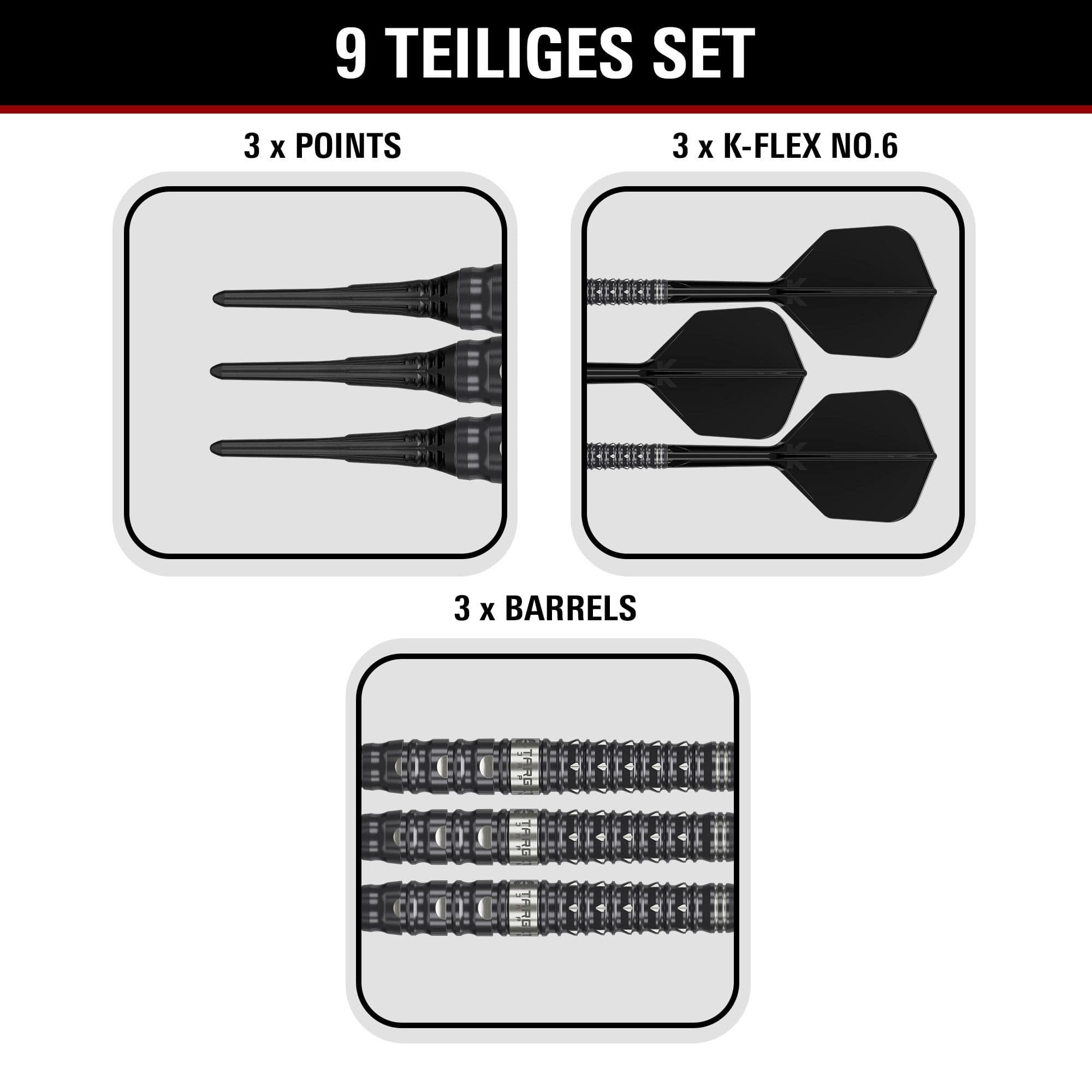 Dardos blandos Target Black Marque Eclipse - 21 g Target Black Marque Eclipse Softdarts mit 21g-Gewicht werden dargestellt. Das Produkt zeichnet sich durch ein elegantes schwarzes Design aus.