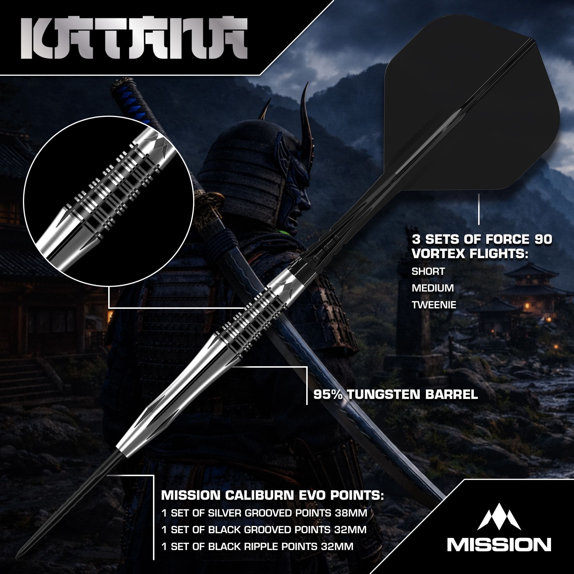 Dardos de acero Mission Katana Mission Katana Steeldarts werden präsentiert. Das Foto zeigt das Produkt detailliert für eine bessere Ansicht.