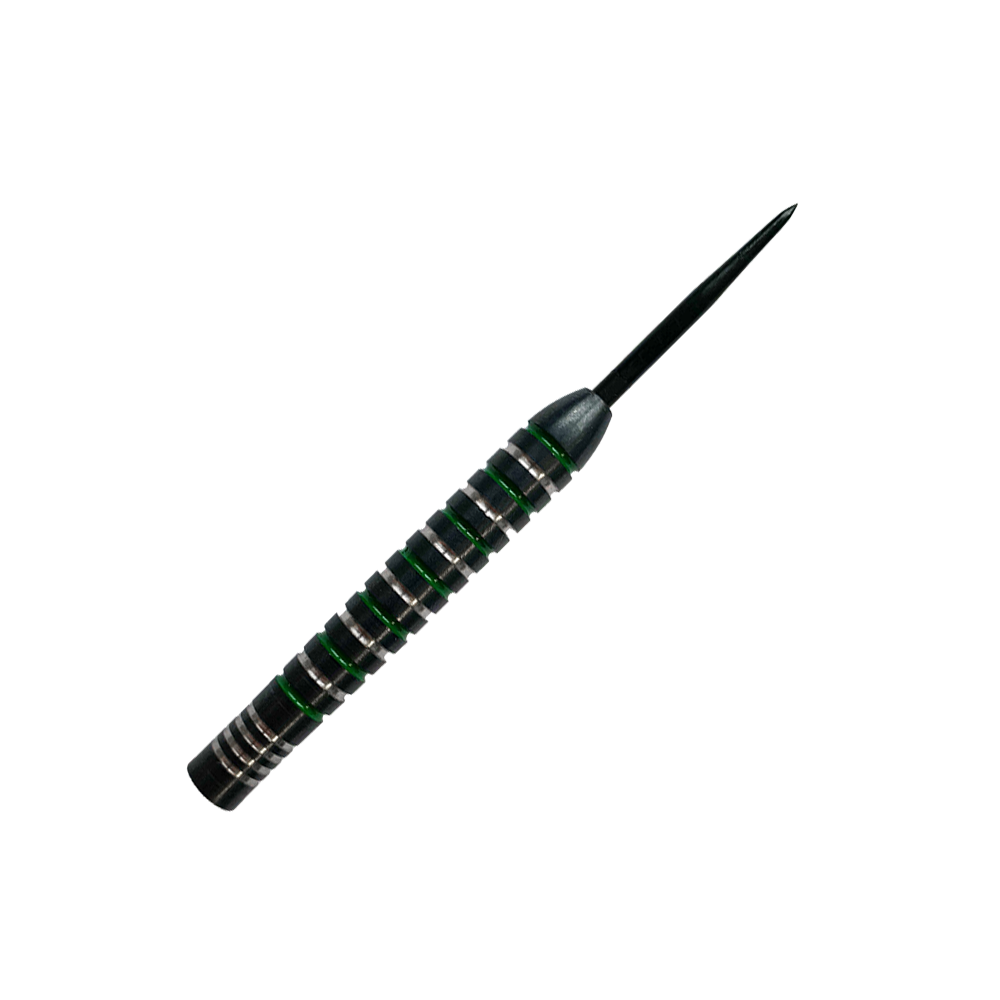Barriles de dardos de acero McDart Silver Green Das Bild zeigt einen McDart Silver Green Steeldart Barrel. Der Dart hat silberne und grüne Rillen und eine schwarze Spitze.