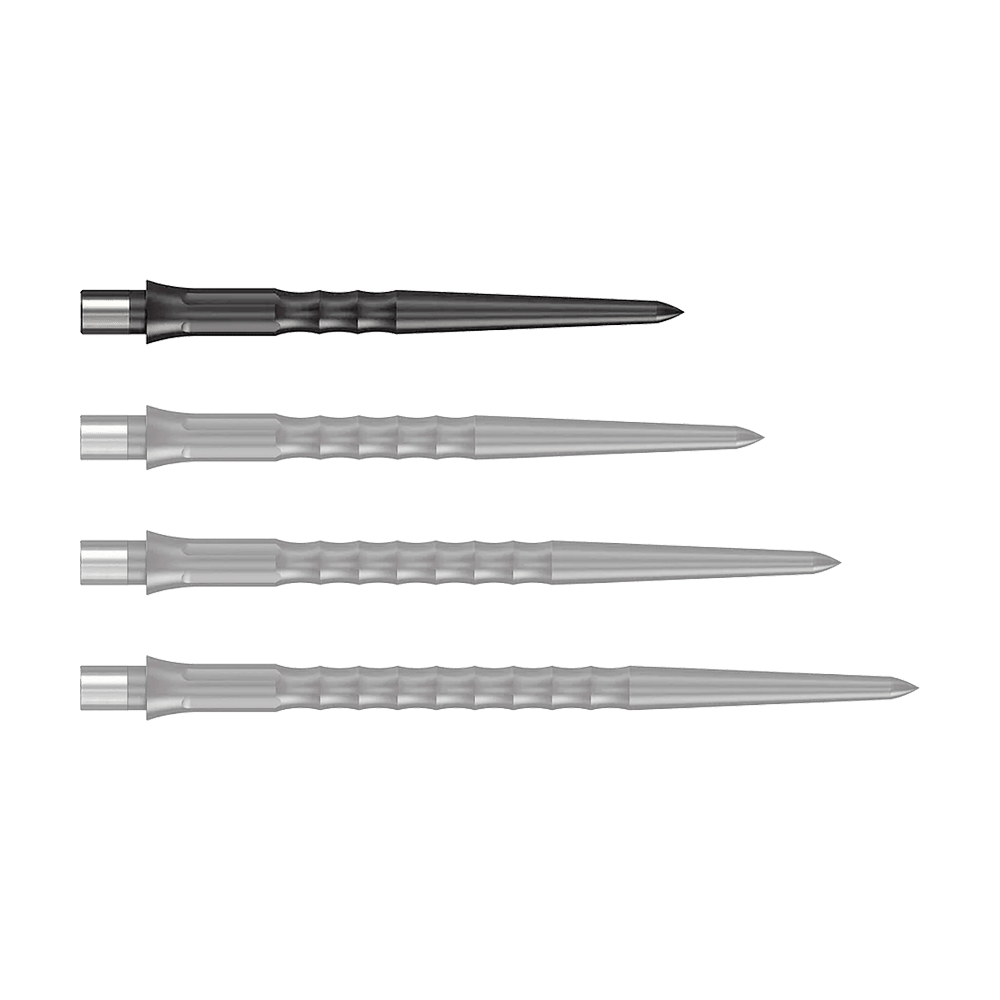 Puntas Caliburn System Steeldart - Onduladas - Sin labio - Negras Abgebildet ist eine schwarze Steeldartspitze mit Ripple NoLip Design, 28 mm lang. Das Produkt gehört zum Caliburn Evo System.
