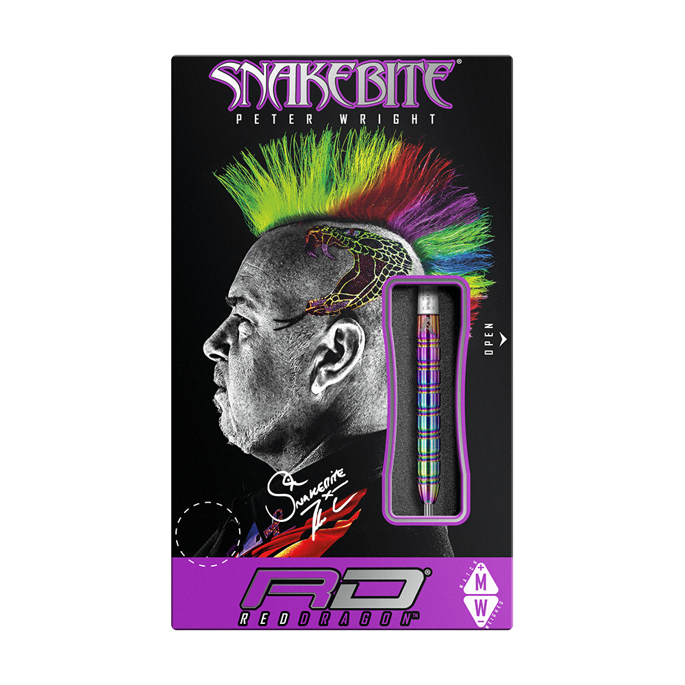 RD1478-RedDragon-Peter-Wright-Snakebite-1-Rainbow-Steeldarts-3DRlm2yi6BMpb8 Die Verpackung zeigt eine bunte Illustration eines Mannes mit Irokesenfrisur und einem Schlangentattoo. Im Sichtfenster sieht man einen Rainbow Steeldart der Marke Red Dragon, Modell Peter Wright Snakebite 1.