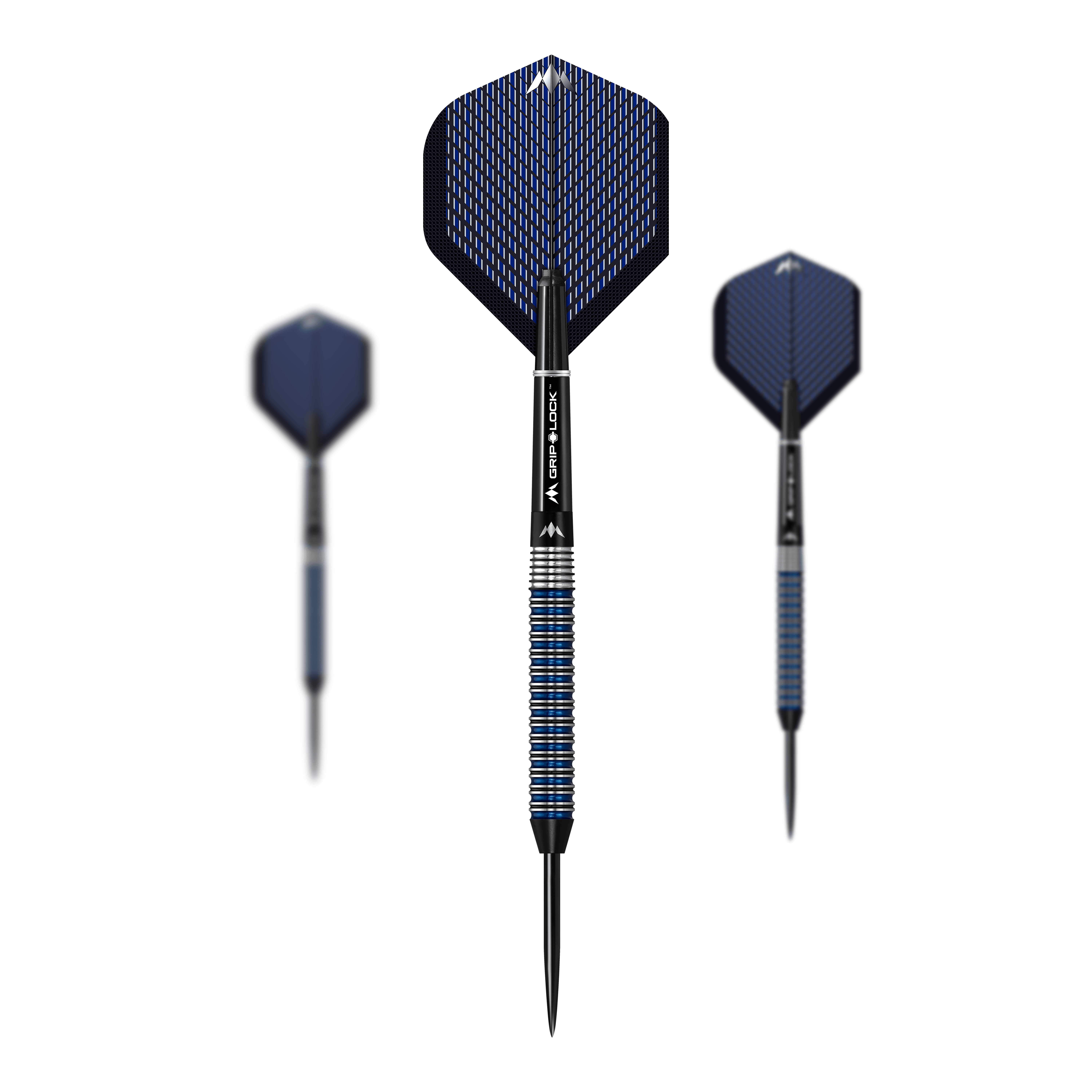 Dardos de acero Mission Nightfall Modelo 2 Das Bild zeigt drei Steeldarts des Modells "Mission Nightfall Model 2". Die Pfeile haben schwarze Spitzen, silber-blaue Griffe und dunkelblaue Flights mit Muster.