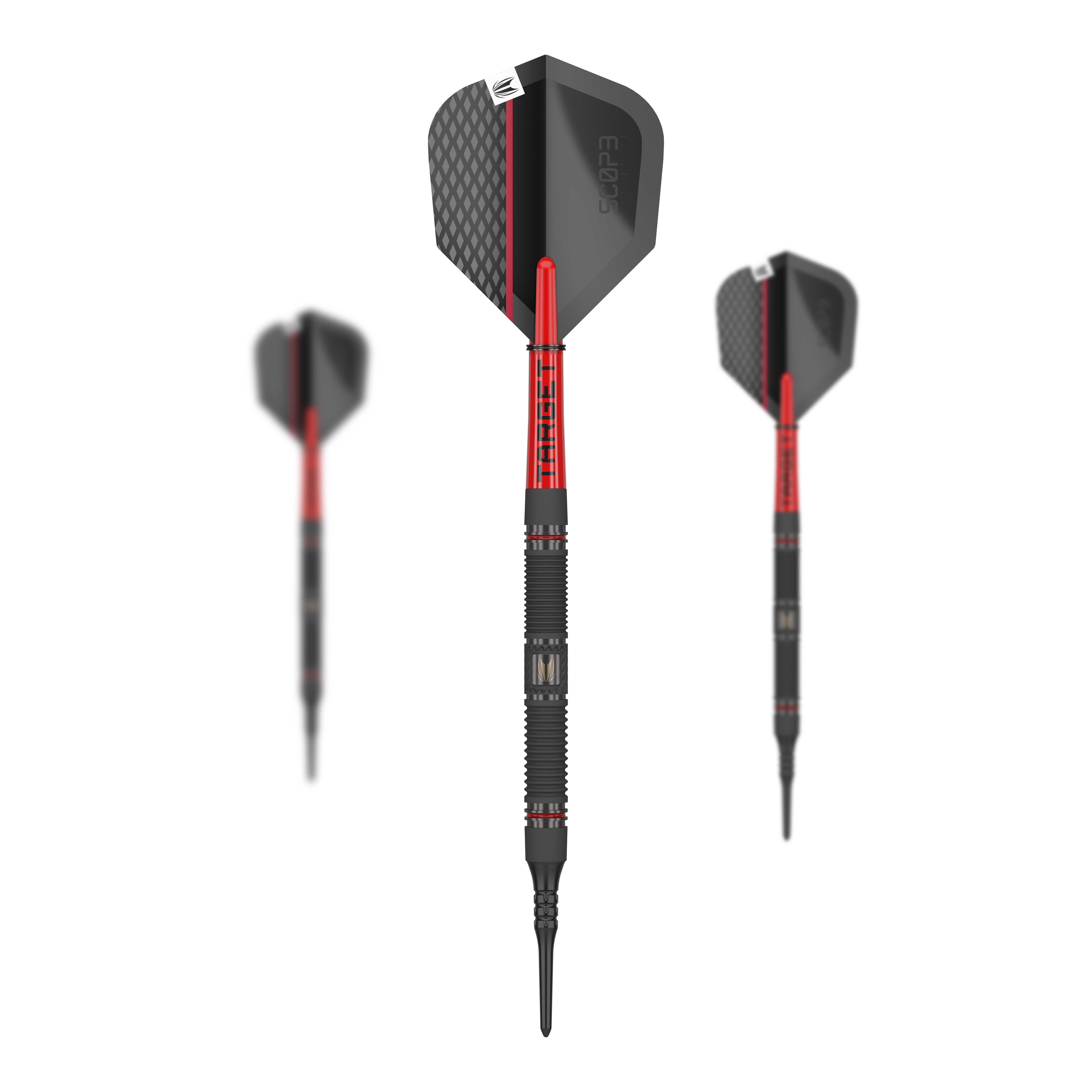 Target Scope 10 dardos blandos Das Bild zeigt drei Softdarts des Produkts „Target Scope 10“. Die Darts sind überwiegend schwarz mit roten Akzenten und haben ein modernes Design.