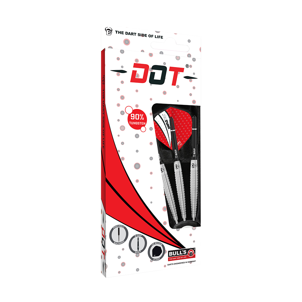 13242_Bulls_Dot_D6_Steeldarts_3 Auf dem Bild ist eine Verpackung für Darts der Marke Bull's Dot zu sehen. In der Packung befinden sich drei Steeldarts mit 90 % Tungsten-Anteil.